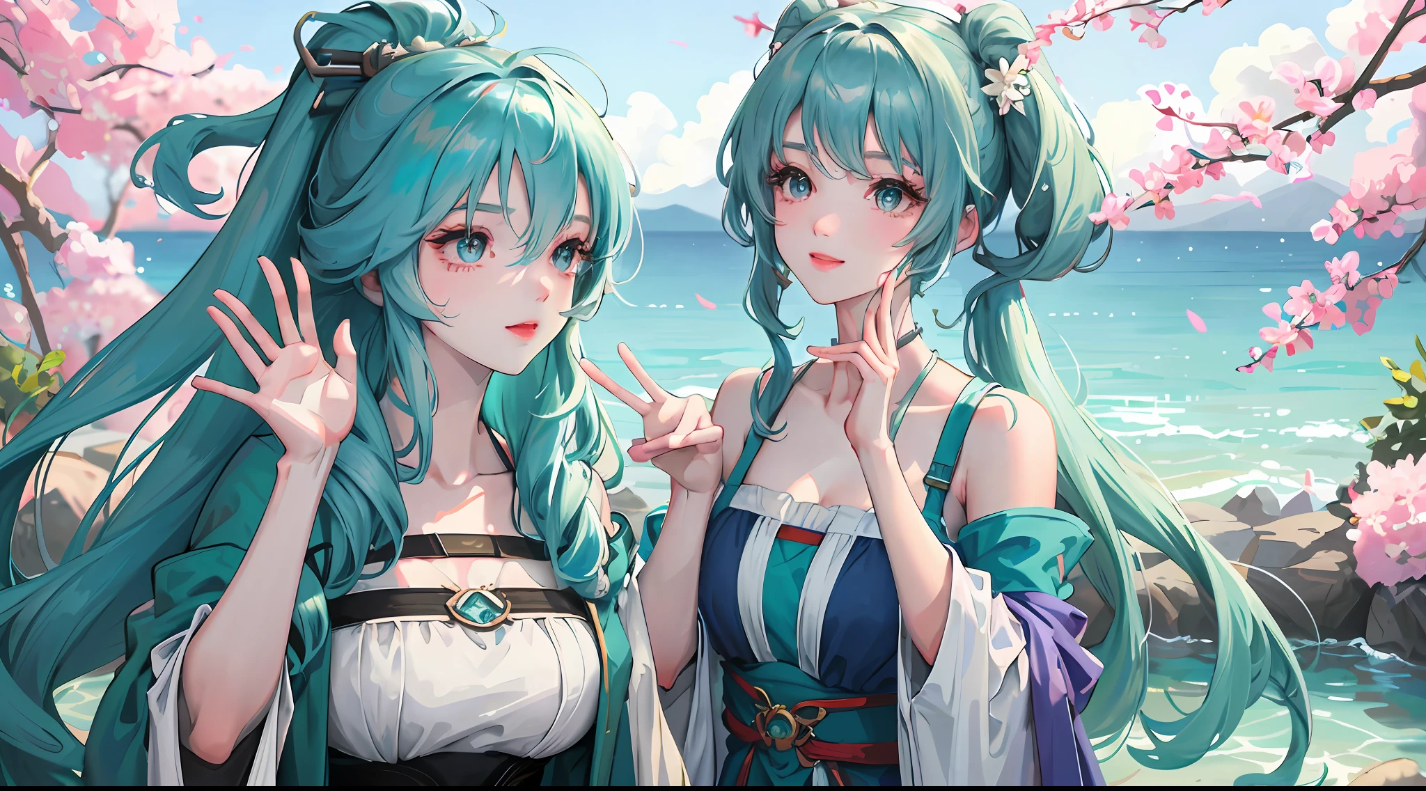 aqua hair， Double tail， （（ultra - detailed））， （（illustratio））， （（messy  hair））， （beatiful detailed eyes）， big breasts beautiful， astounding， Detailed eyes， ssmile， waving hands， （（springtime， SakuraNS））， isometry