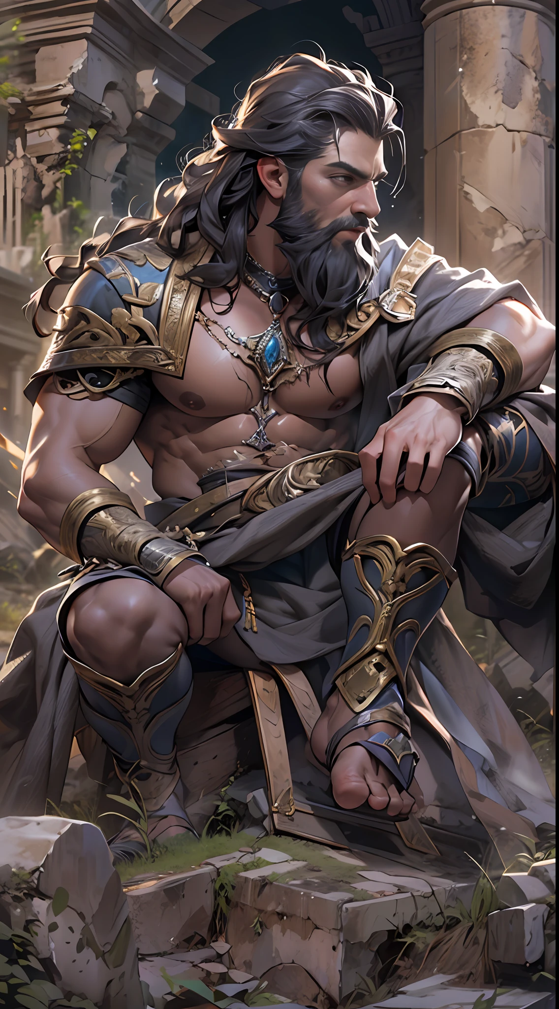 Sculpted hero, upper body uncovered, legs exposed from thighs to feet, bearded with beaded facial hair, luxuriant long curls, intricate muscularity, photorealistic portrayal, 4K resolution. Background: Epic battlefield with ancient ruins.,32k uhd, best quality, masterpiece, super detail, high details