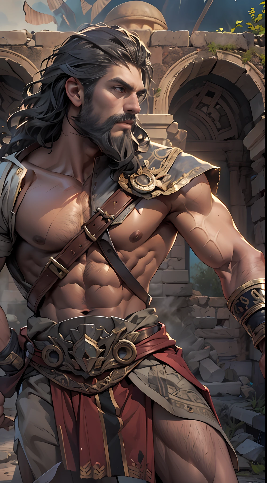 Sculpted hero, upper body uncovered, legs exposed from thighs to feet, bearded with beaded facial hair, luxuriant long curls, intricate muscularity, photorealistic portrayal, 4K resolution. Background: Epic battlefield with ancient ruins.,32k uhd, best quality, masterpiece, super detail, high details