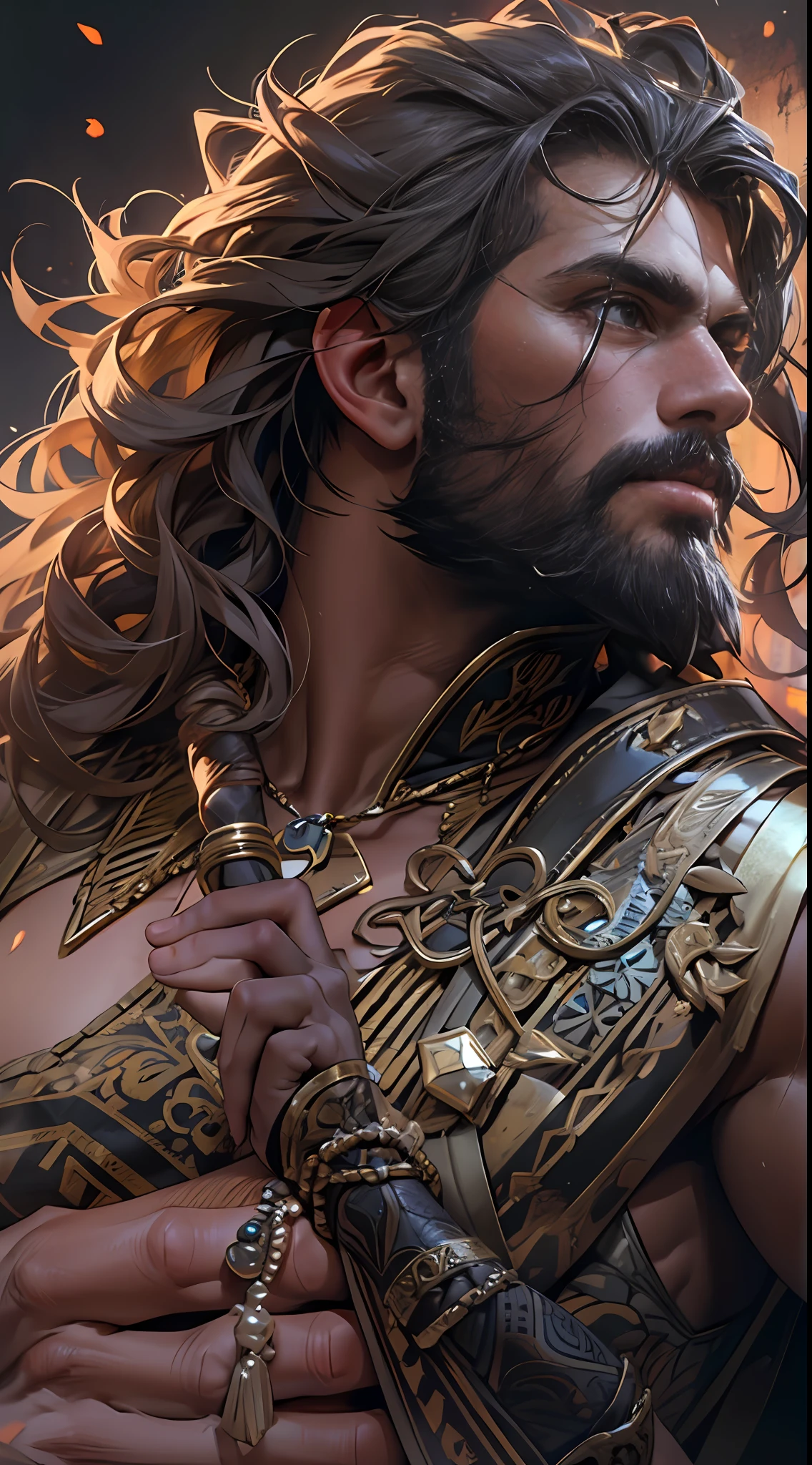 Sculpted hero, upper body uncovered, legs exposed from thighs to feet, bearded with beaded facial hair, luxuriant long curls, intricate muscularity, photorealistic portrayal, 4K resolution. Background: Epic battlefield with ancient ruins.,32k uhd, best quality, masterpiece, super detail, high details