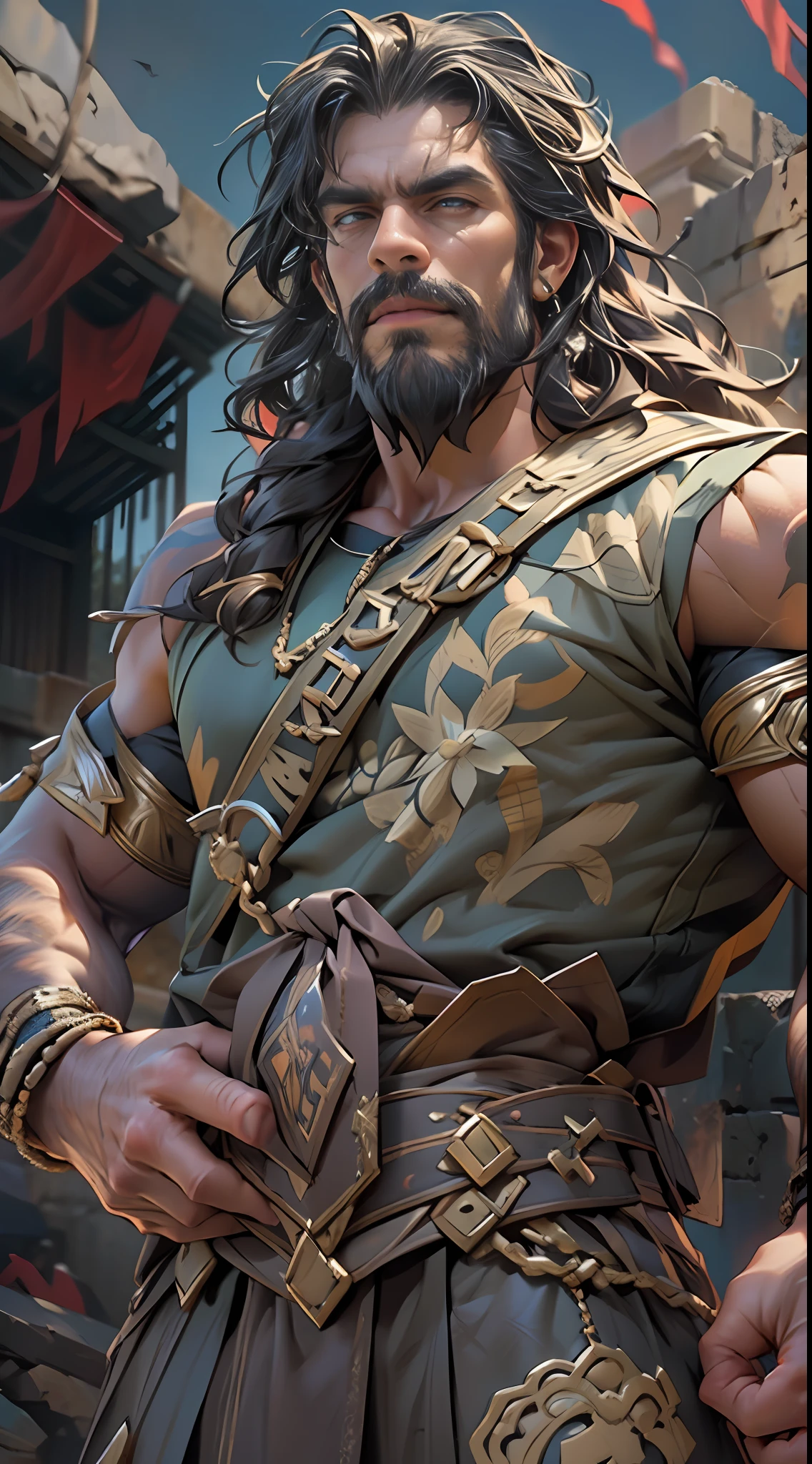 Sculpted hero, upper body uncovered, legs exposed from thighs to feet, bearded with beaded facial hair, luxuriant long curls, intricate muscularity, photorealistic portrayal, 4K resolution. Background: Epic battlefield with ancient ruins.,32k uhd, best quality, masterpiece, super detail, high details