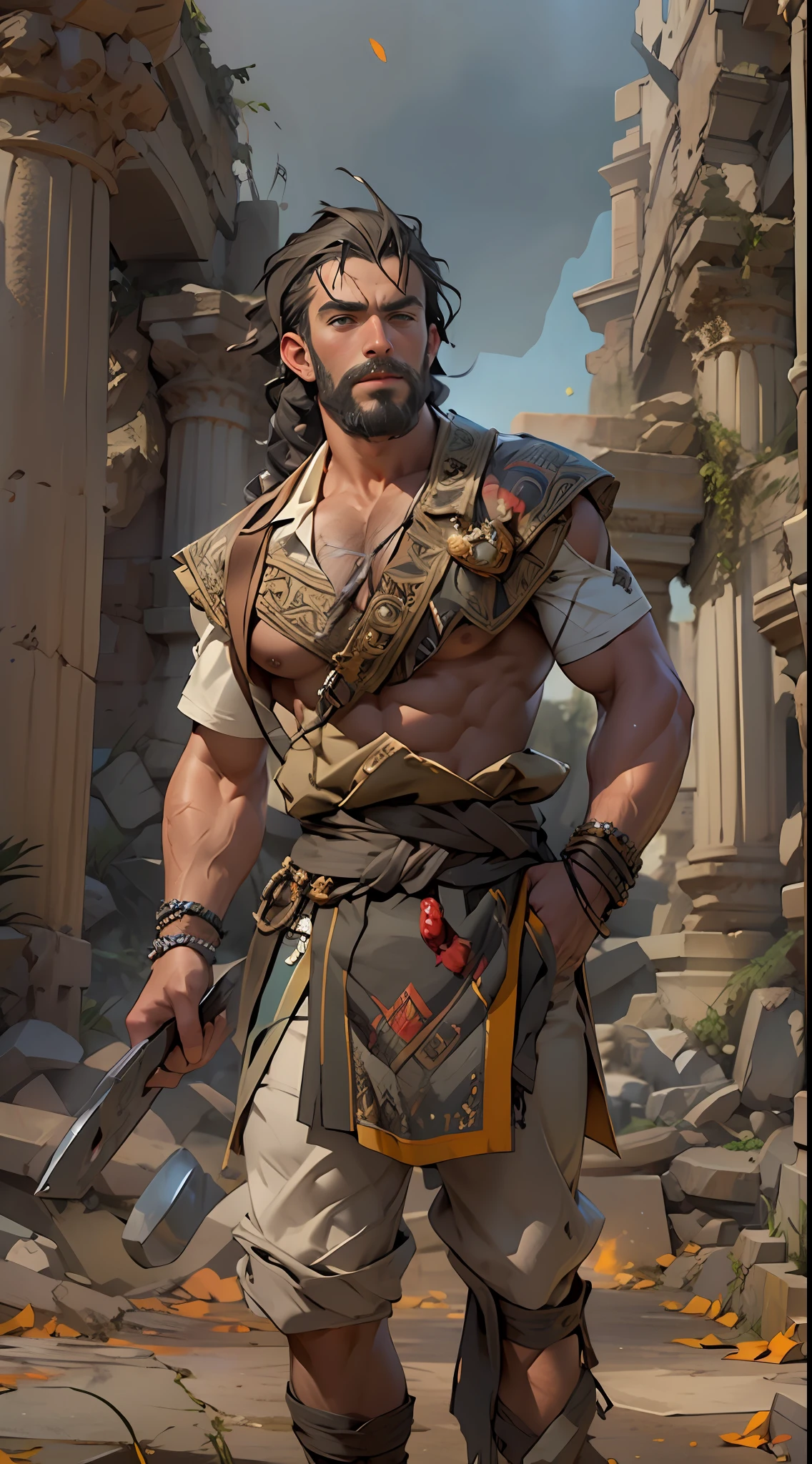 Sculpted hero, upper body uncovered, legs exposed from thighs to feet, bearded with beaded facial hair, luxuriant long curls, intricate muscularity, photorealistic portrayal, 4K resolution. Background: Epic battlefield with ancient ruins.,32k uhd, best quality, masterpiece, super detail, high details
