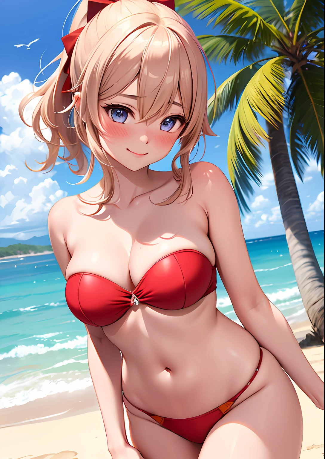 1girl, adult woman, (Blushing:1.4), (red bikini, strapless bra), blushed, Smile, Cowboy Shot, Slim body, Small breast, small boobs, Full Body, Detailed background: Beach and palmtrees, summer