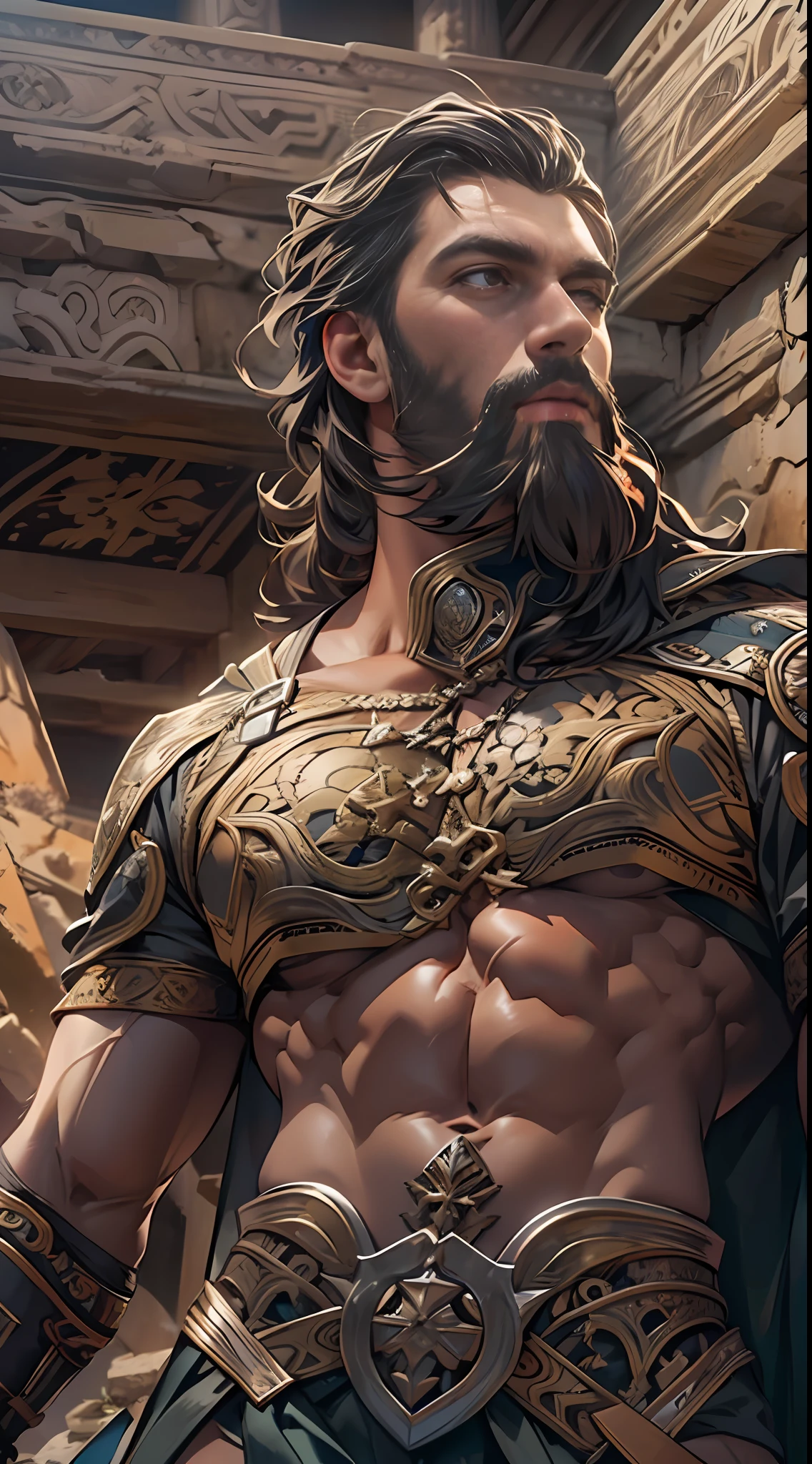 Sculpted hero, upper body uncovered, legs exposed from thighs to feet, bearded with beaded facial hair, luxuriant long curls, intricate muscularity, photorealistic portrayal, 4K resolution. Background: Epic battlefield with ancient ruins.,32k uhd, best quality, masterpiece, super detail, high details