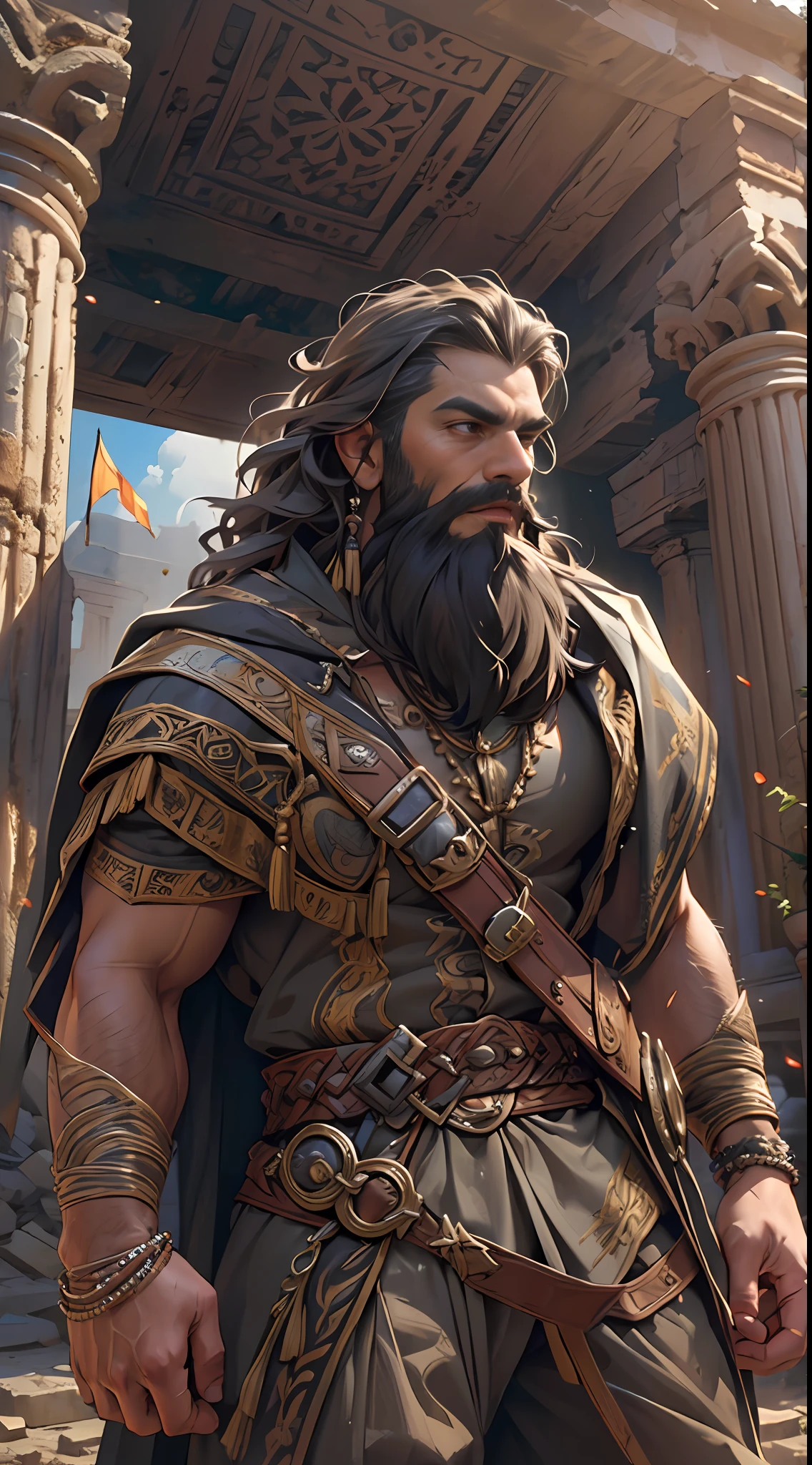 Sculpted hero, upper body uncovered, legs exposed from thighs to feet, bearded with beaded facial hair, luxuriant long curls, intricate muscularity, photorealistic portrayal, 4K resolution. Background: Epic battlefield with ancient ruins.,32k uhd, best quality, masterpiece, super detail, high details