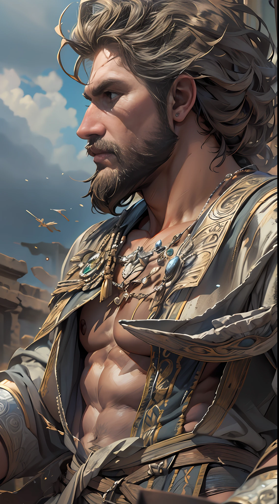 Sculpted hero, upper body uncovered, legs exposed from thighs to feet, bearded with beaded facial hair, luxuriant long curls, intricate muscularity, photorealistic portrayal, 4K resolution. Background: Epic battlefield with ancient ruins.,32k uhd, best quality, masterpiece, super detail, high details