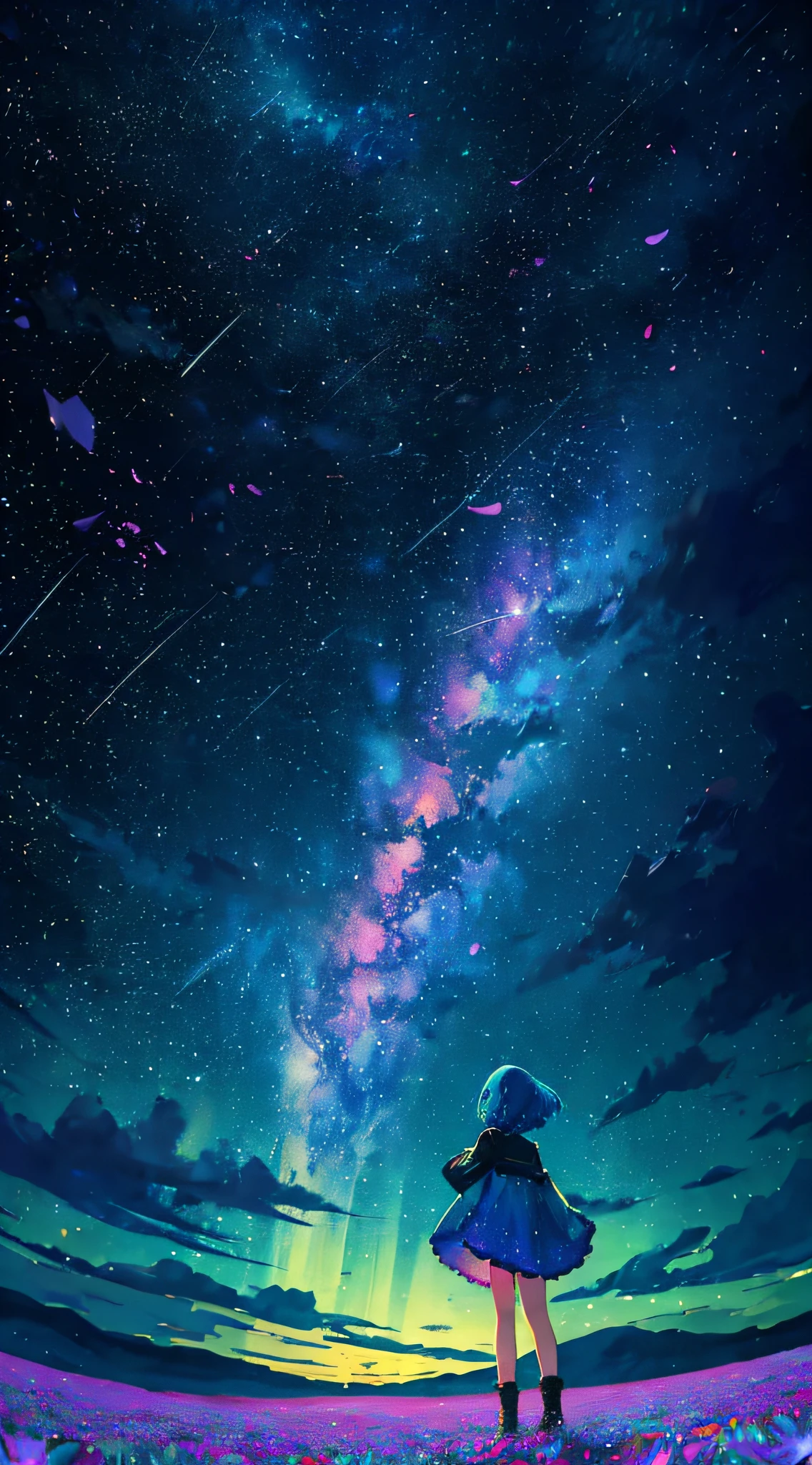1girl, distant girl, rainbow colored hair, wearing a teal dress armor, staring at the stars, (zoomed out:1.1), (meteor shower:1.2), (comet:1.1), low angle, from behind, aurora borealis, shooting star, surrounded by flowers petals, standing in a field, best quality, masterpiece, cloud, colorful, starry, stars