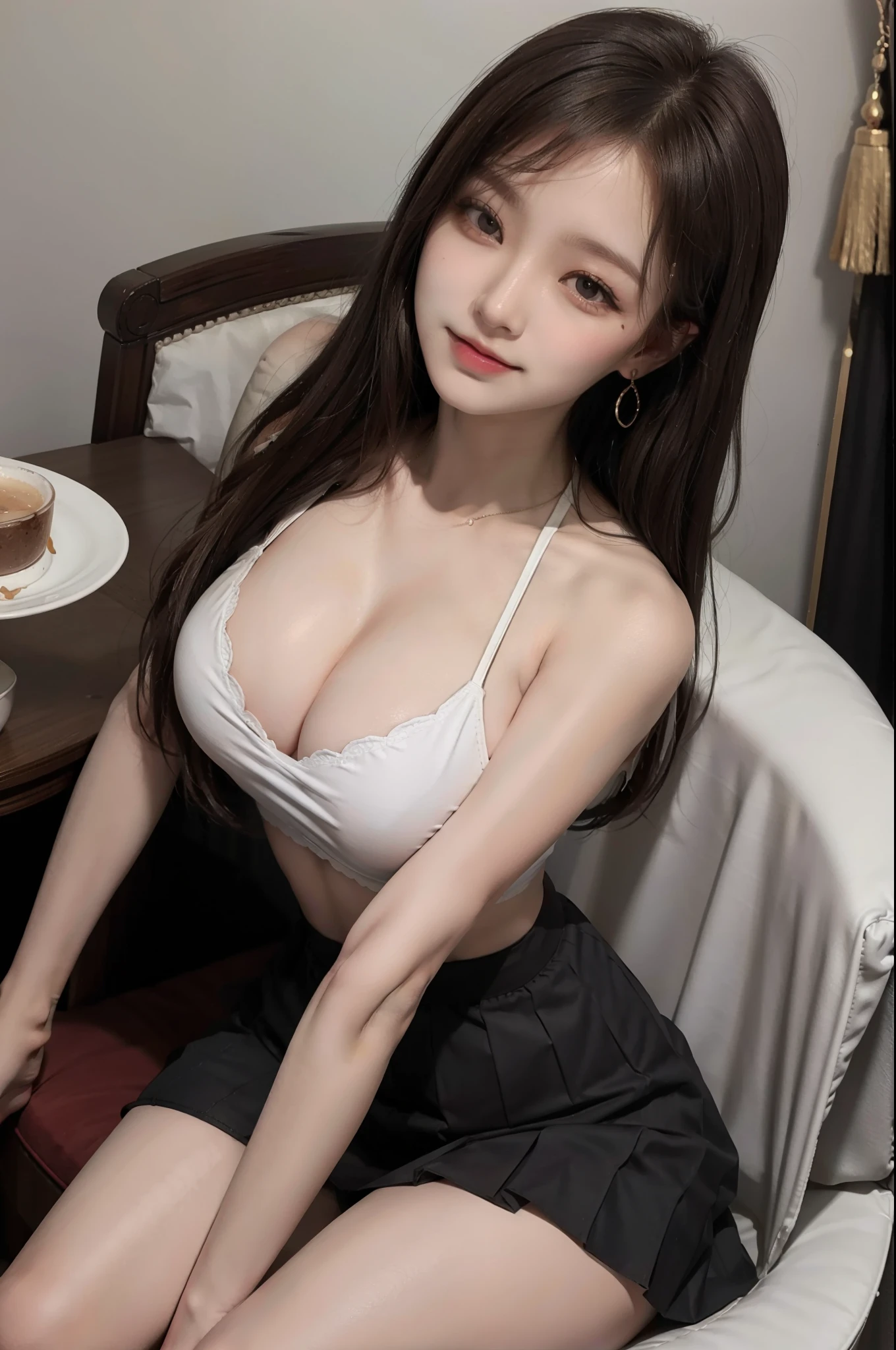  cute Korean，Large round chest，，Cropped long top，a skirt，Eye-pleasing details，eyeslashes，beautiful double eyelid，eye shadows，dropping eyes，（Beautiful thighs，Beautiful thin legs），Perfect eye makeup，（seduct smile，Jagged expression，Evil expression）），Sitting in a chair in the president's office，brown  hair，（big breasts exposed cleavage），（big breasts exposed cleavage）