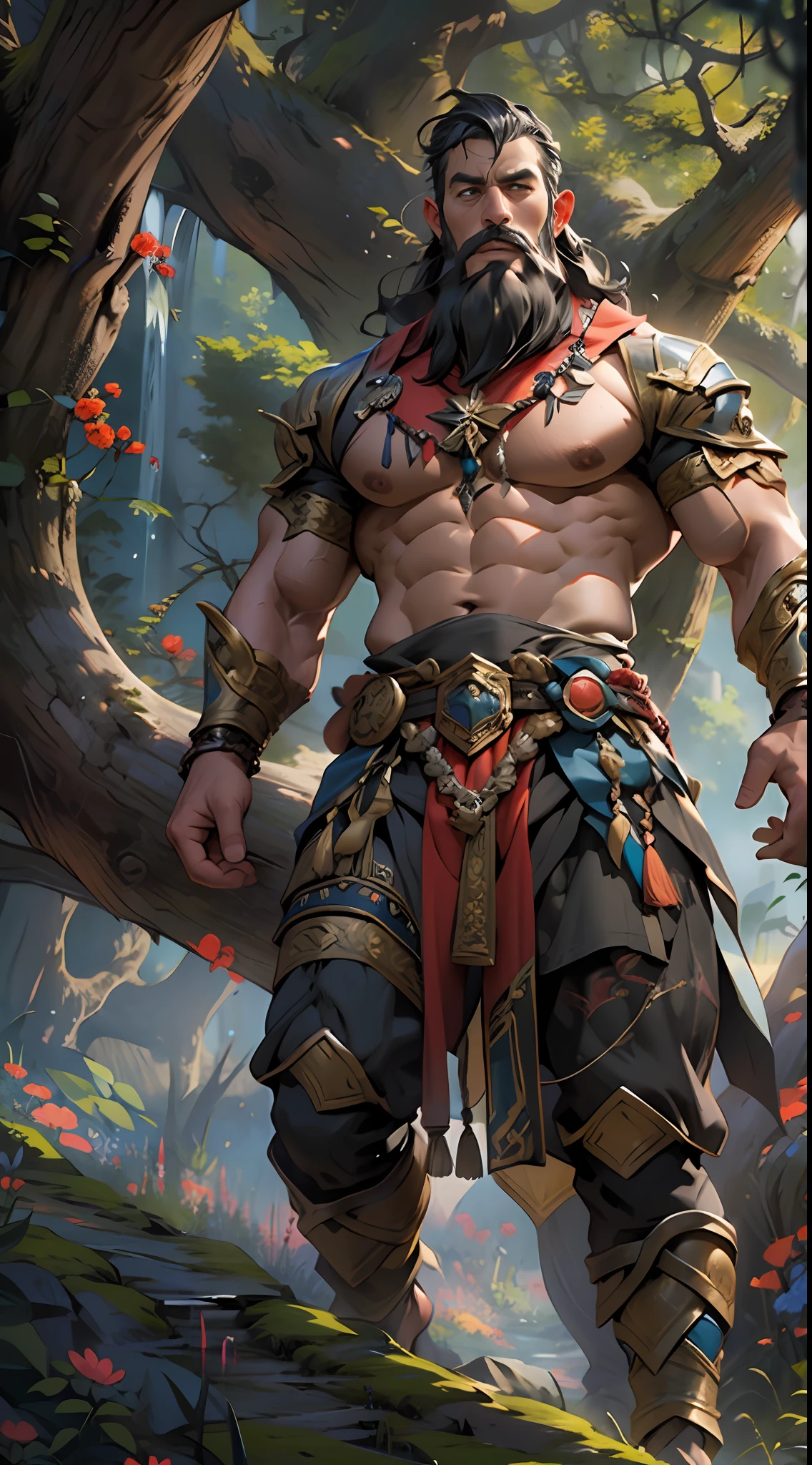 Powerful warrior, upper torso unveiled, lower body uncovered from thighs to feet, decorated with a beaded beard, cascading long curls, meticulous muscle definition, lifelike depiction, 4K resolution. Background: Mythical fantasy landscape,32k uhd, best quality, masterpiece, super detail, high details