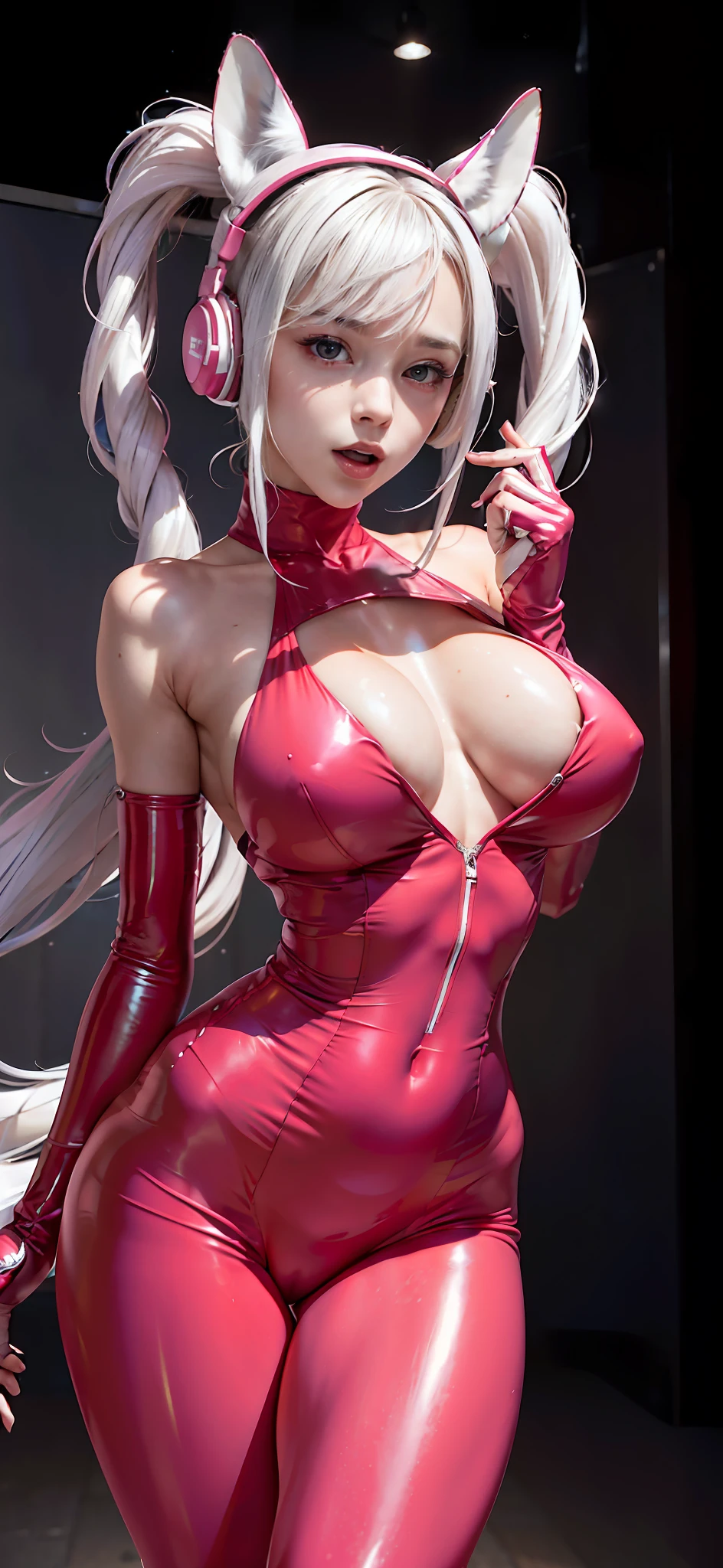 (RAW photo, Best quality, Mastery:1.2), (Realistic, photo-realistic:1.4),(Masterpiece:1.4),(Best quality:1.4),1girll, Solo, :D, Ear headphones, beast ear, Arms up,By bangs,Be red in the face,Tights,nedium breasts,tit,Fox pose,Cover the navel,cowboy lens,fakeanimalears,mitts,exteriors,Morning,Yuki,hair intakes,Earphone,tightsuit,Strangle,huge tit,latex,latex body suit,long whitr hair,longer sleeves,looking at viewert,huge tit,Multicolored gloves,with her mouth open,Black tight-fitting top,No underwear,No underwear,pantyless,pantyless,The clothes are slightly transparent,Thin,Pink eyes,red color eyes,shinning clothes,shrugged shoulders\(The clothes ar\),side locks , tight-fitting, ssmile, Thigh crevices, upper legs, dual horsetail, Very long hair, whitegloves, White hair, Alice\(Nikke\),(Shiny skin), realisticlying,
