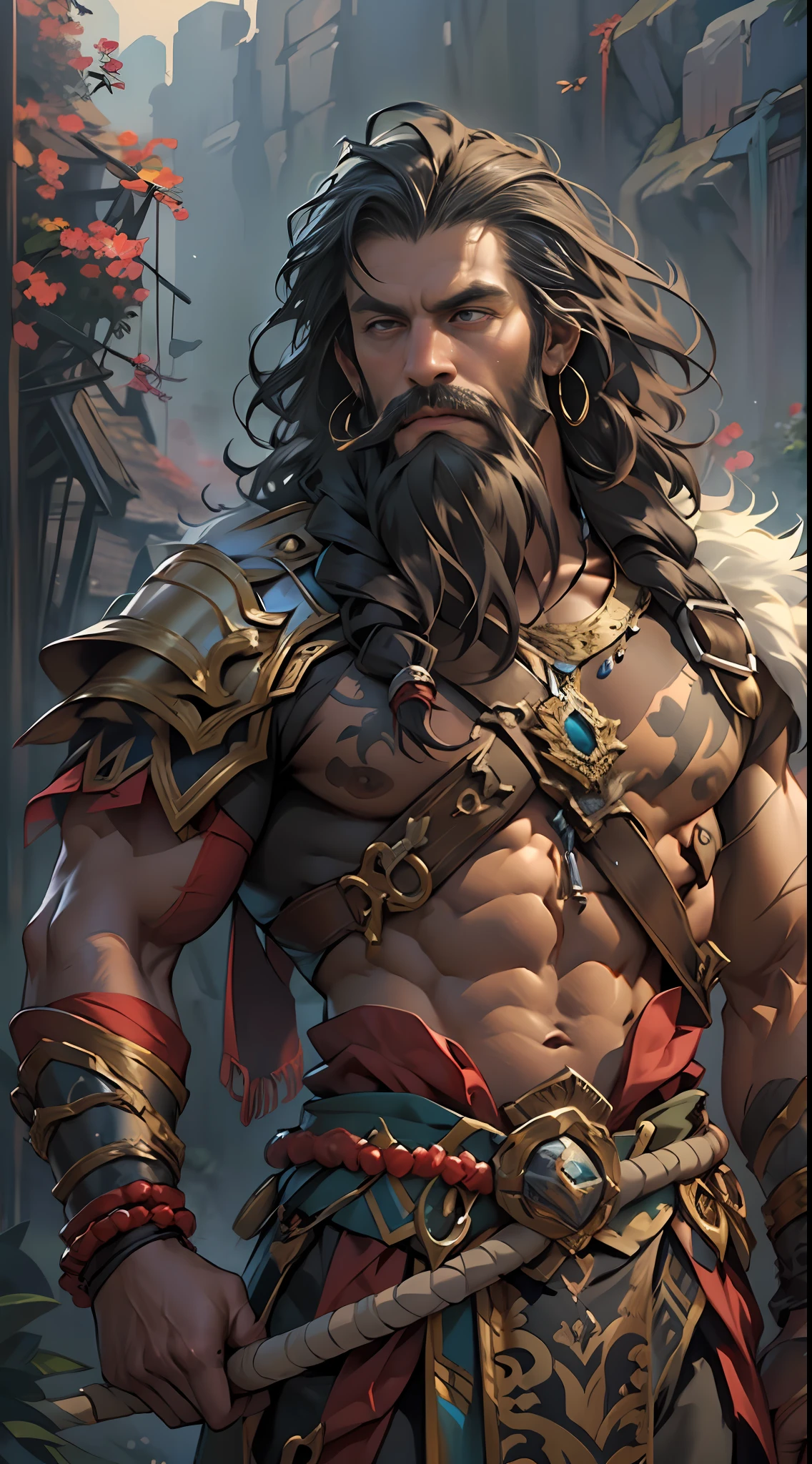 Powerful warrior, upper torso unveiled, lower body uncovered from thighs to feet, decorated with a beaded beard, cascading long curls, meticulous muscle definition, lifelike depiction, 4K resolution. Background: Mythical fantasy landscape,32k uhd, best quality, masterpiece, super detail, high details
