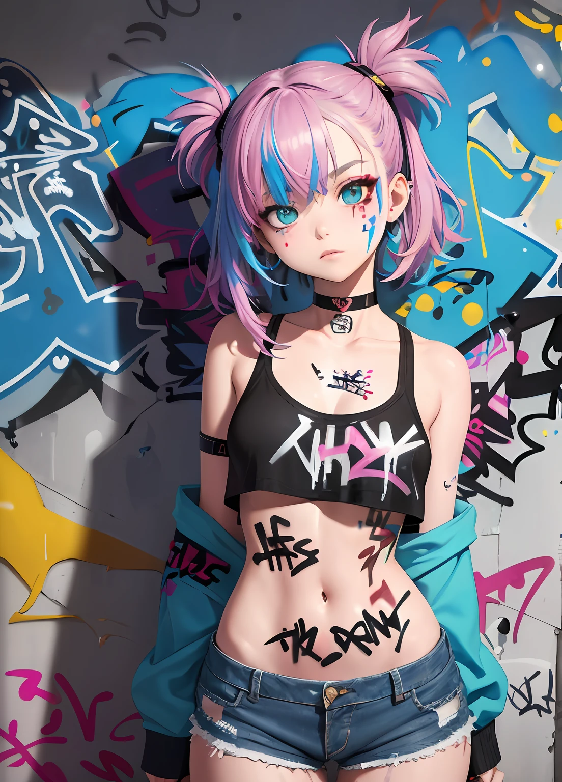 Masterpiece, Best Quality, 1Girl, Female Soldier Solo, Cropped Top, Denim shorts, Choker, (graffiti:1.5), paint splatter, arms behind back, against wall, looking up at viewer, wristband, thigh strap, Paint on the body, head tilt, I am bored, multicoloured hair, aqua eyes, Headsets,