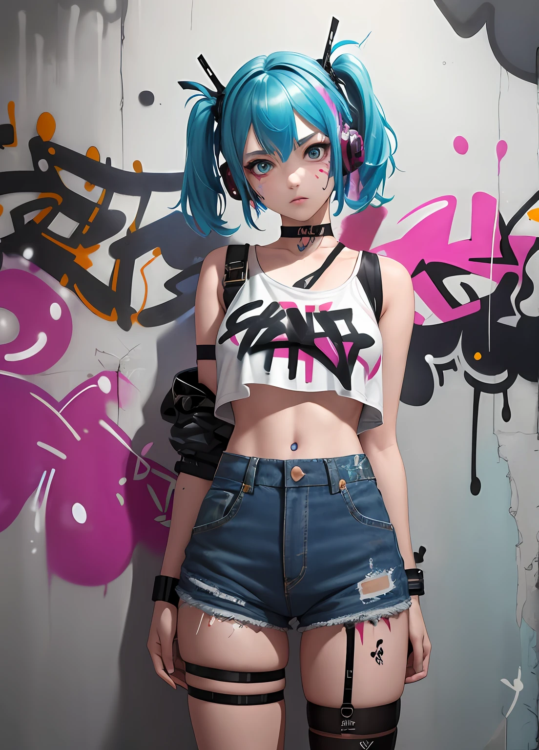 Masterpiece, Best Quality, 1Girl, Female Soldier Solo, Cropped Top, Denim shorts, Choker, (graffiti:1.5), paint splatter, arms behind back, against wall, looking up at viewer, wristband, thigh strap, Paint on the body, head tilt, I am bored, multicoloured hair, aqua eyes, Headsets,