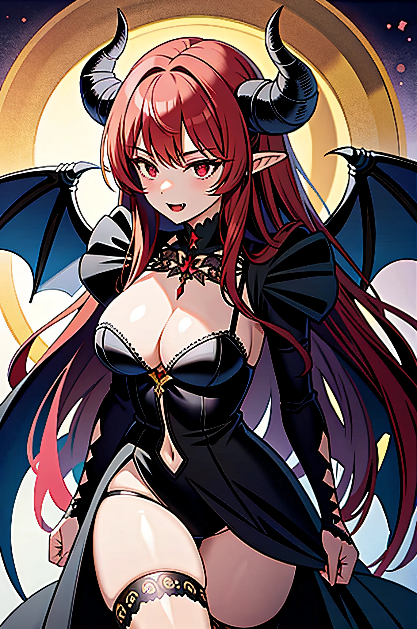 (masterpiece, best quality, detailed background, intricate details), dark castle, 1girl, demon, red hair, black eyes, slit pupils, curled horns, wings, fangs, black armor, bones, night, red moon