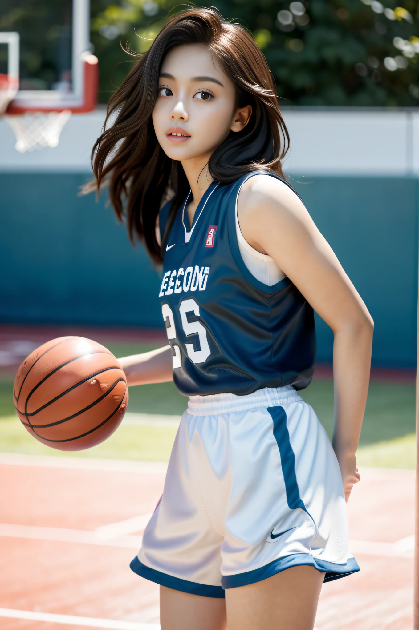 (8k, Best Quality, Masterpiece: 1.2), (Realistic, Photorealistic: 1.37), Super Detailed, Best Quality, Super High Resolution, Professional Lighting, Photon Mapping, Radiosity, Physically Based Rendering, Cinematic Lighting , basketball court, depth of field, focus, sun rays, good composition, (bokeh: 1.2), 1 girl, (whole body), (closed mouth), beautiful eyes, pose, constriction, basketball uniform, black hair , messy hair, long hair blowing in the wind,(ulzzang-6500:1.2) mix4, hiqcgbody