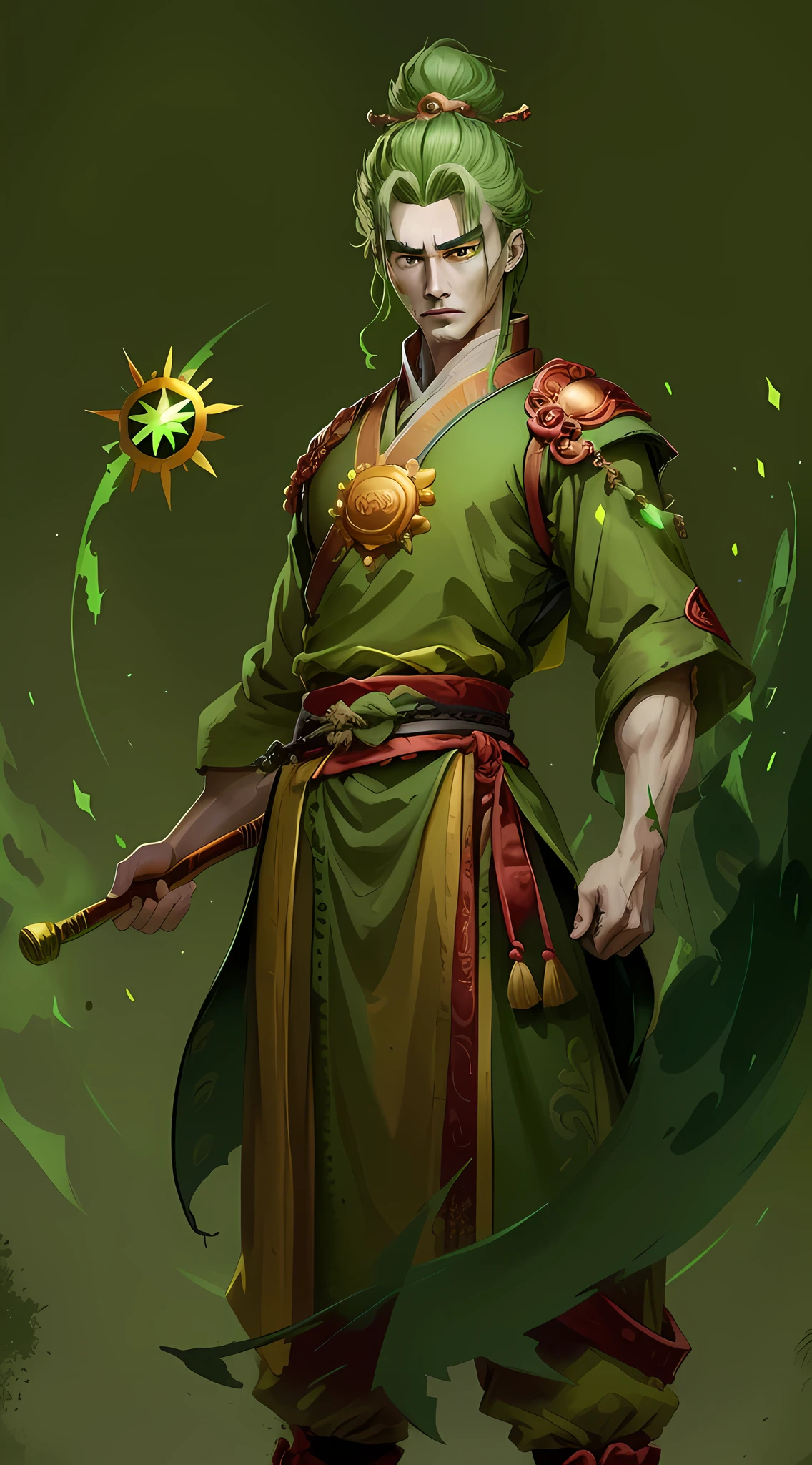 A male figure dressed in green,It is the image of Sun Ce in ancient times,Anyway, it is the ancient Sun Ce,Stretched green clothes are probably such an image,Holding a nunchuck,Sharp eyes,It is Sun Ce in the Three Kingdoms Killing,There is nothing to say,It's pretty young, so be it,So be it,Particularly clear,Normal facial features,Normal fingers,Normal neck,Normal body,Normal body,Normal fingers,Clutching a nunchuck,Grabbing a fan in his right hand,The pupils of the eyes are green