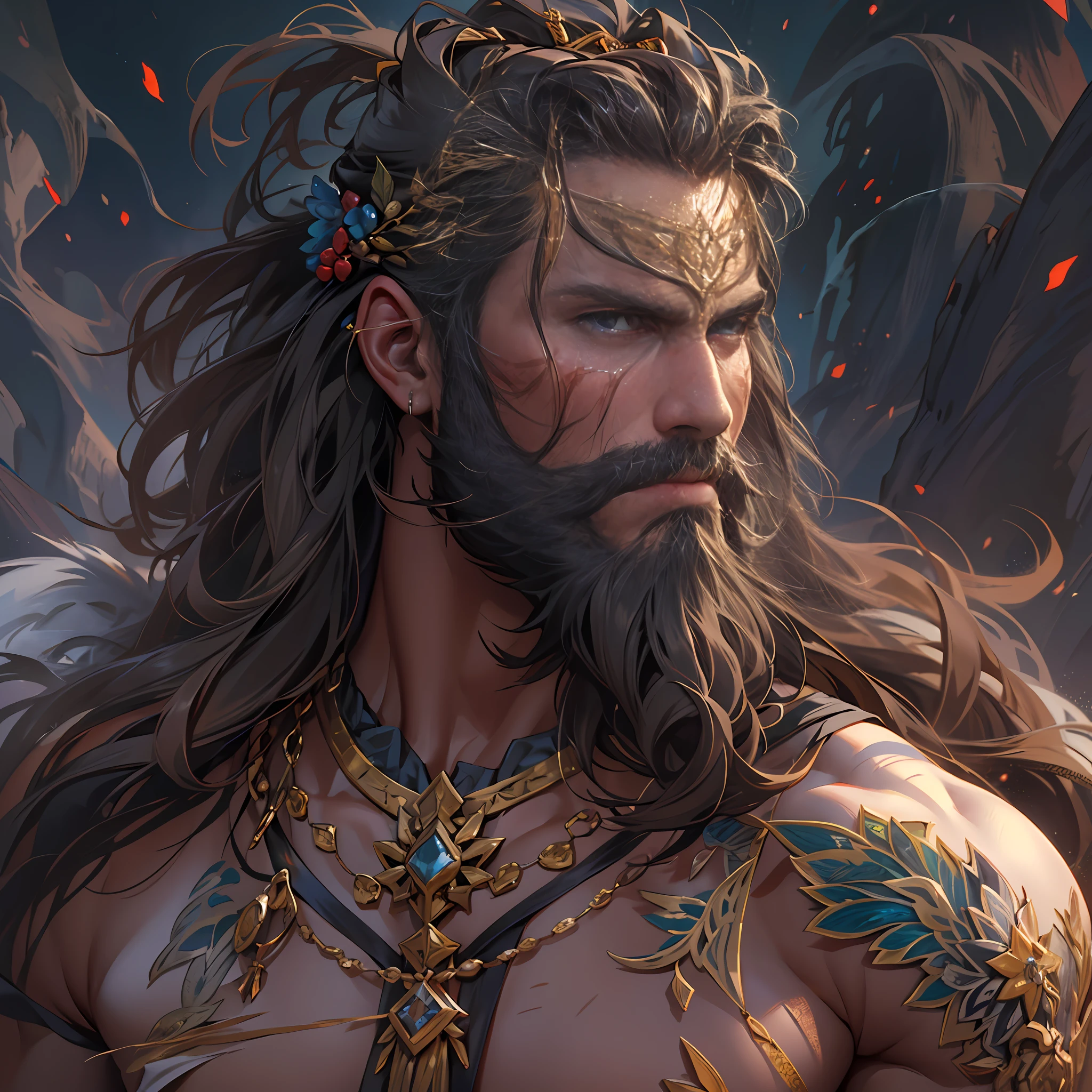 Powerful warrior, upper torso unveiled, lower body uncovered from thighs to feet, decorated with a beaded beard, cascading long curls, meticulous muscle definition, lifelike depiction, 4K resolution. Background: Mythical fantasy landscape,32k uhd, best quality, masterpiece, super detail, high details