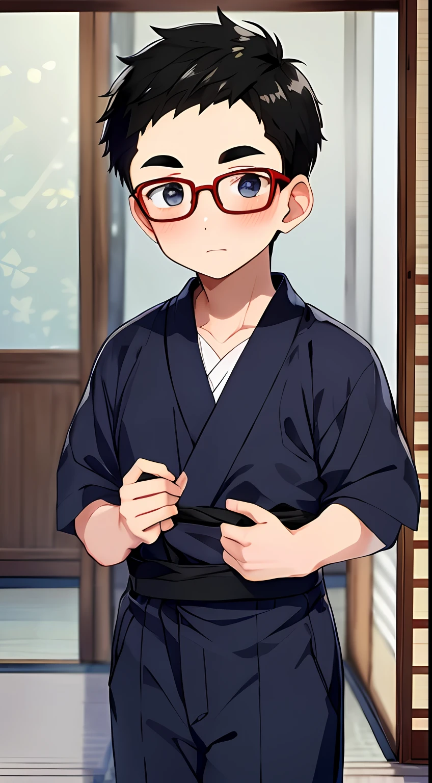 (1male people)、1 persons、、crewcut、Short-haired black hair、Thick eyebrows、Black-rimmed glasses、perspiring、Big eyes、Peeping、frombelow、red blush、Slippery sides、navy blue yukata、wide forehead、crewcut