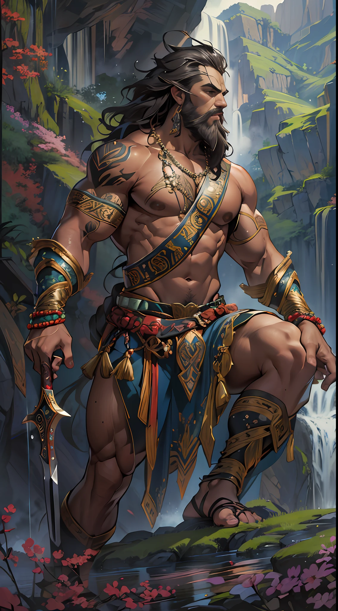 Powerful warrior, upper torso unveiled, lower body uncovered from thighs to feet, decorated with a beaded beard, cascading long curls, meticulous muscle definition, lifelike depiction, 4K resolution. Background: Mythical fantasy landscape,32k uhd, best quality, masterpiece, super detail, high details