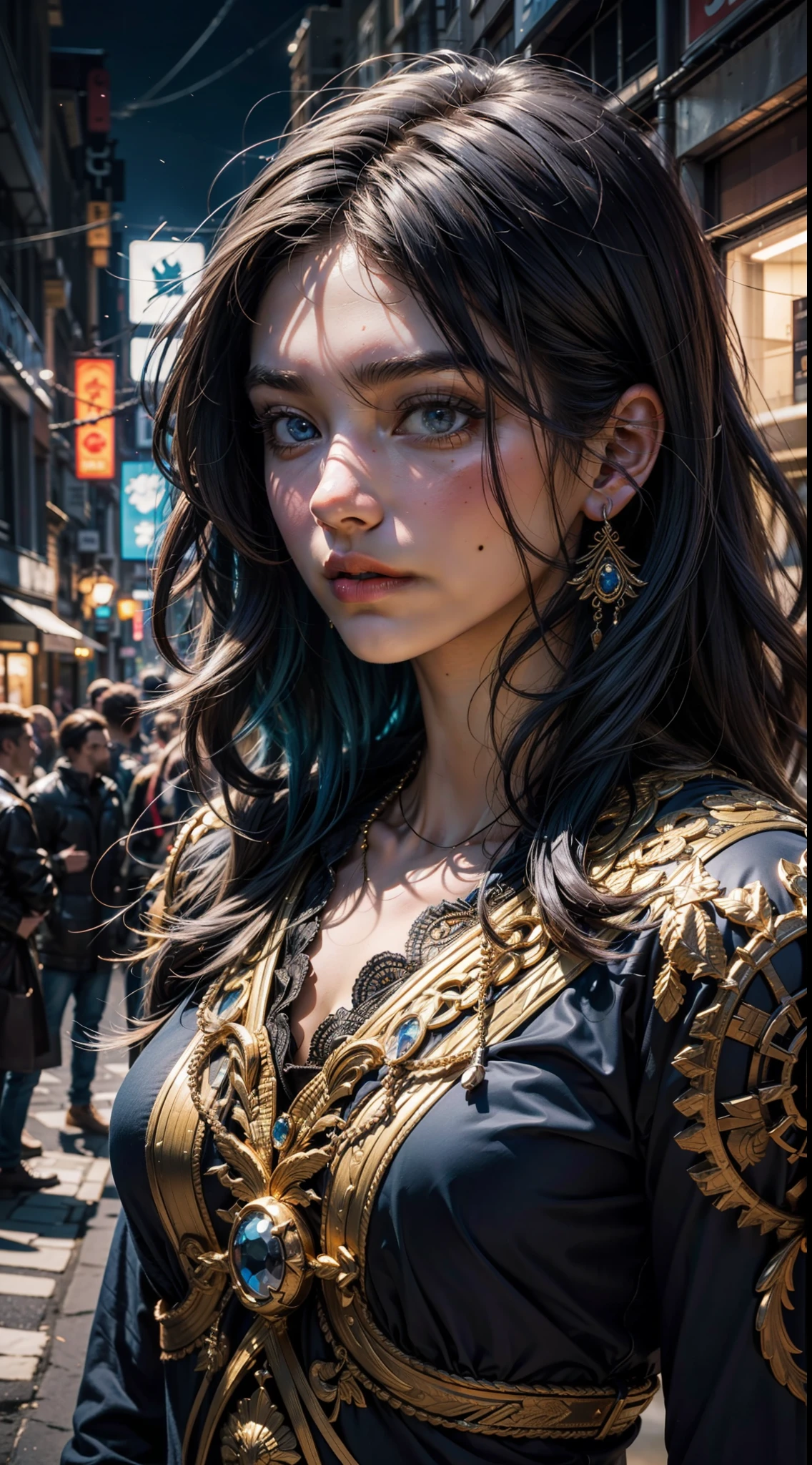 (masterpiece, best quality, ultra-detailed, highres, best illustration),perfect face, ((solo, solo focus)),sidelighting, lustrous skin,(shine),  (shiny skin, cetlic elements, norse heritage), ray tracing, 1boy, male focus, solo, facial hair, beard,  blue hair, blue eyes , long hair, closed mouth, mustache, shirt, wind swept hair, detailed hair, detailed face, ,depth_of_field,very detailed background,extreme light and shadow,(detailed eyes) , perfect anatomy, (zentangle, mandala, tangle, entangle), dynamic angle, wide shot, upper body, city scape, extreme light and shadow, night sky