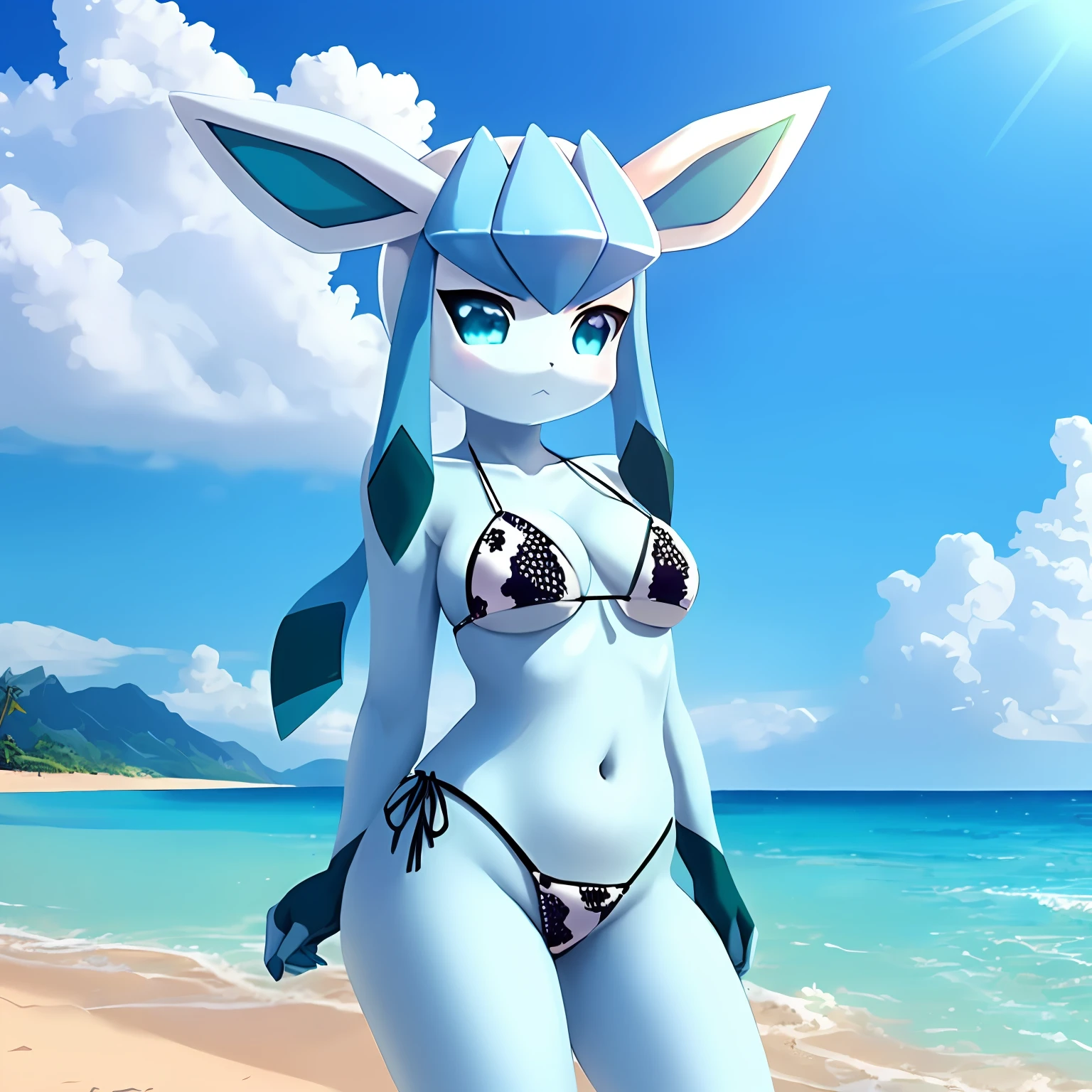 glaceon, Beautiful Art Style, 1girl, solo, playa, bikini, cow print clothes, cow print bikini.