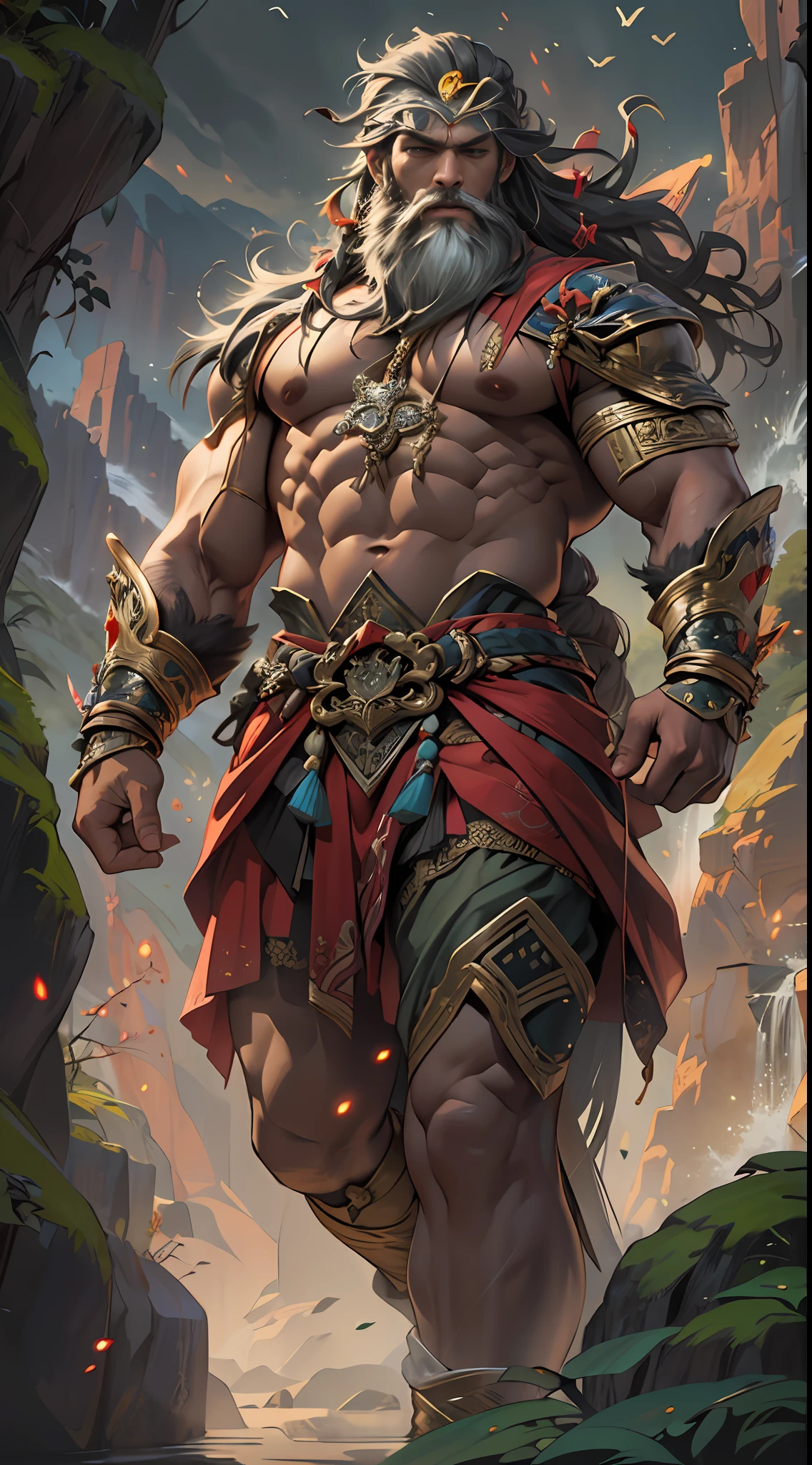Powerful warrior, upper torso unveiled, lower body uncovered from thighs to feet, decorated with a beaded beard, cascading long curls, meticulous muscle definition, lifelike depiction, 4K resolution. Background: Mythical fantasy landscape,32k uhd, best quality, masterpiece, super detail, high details