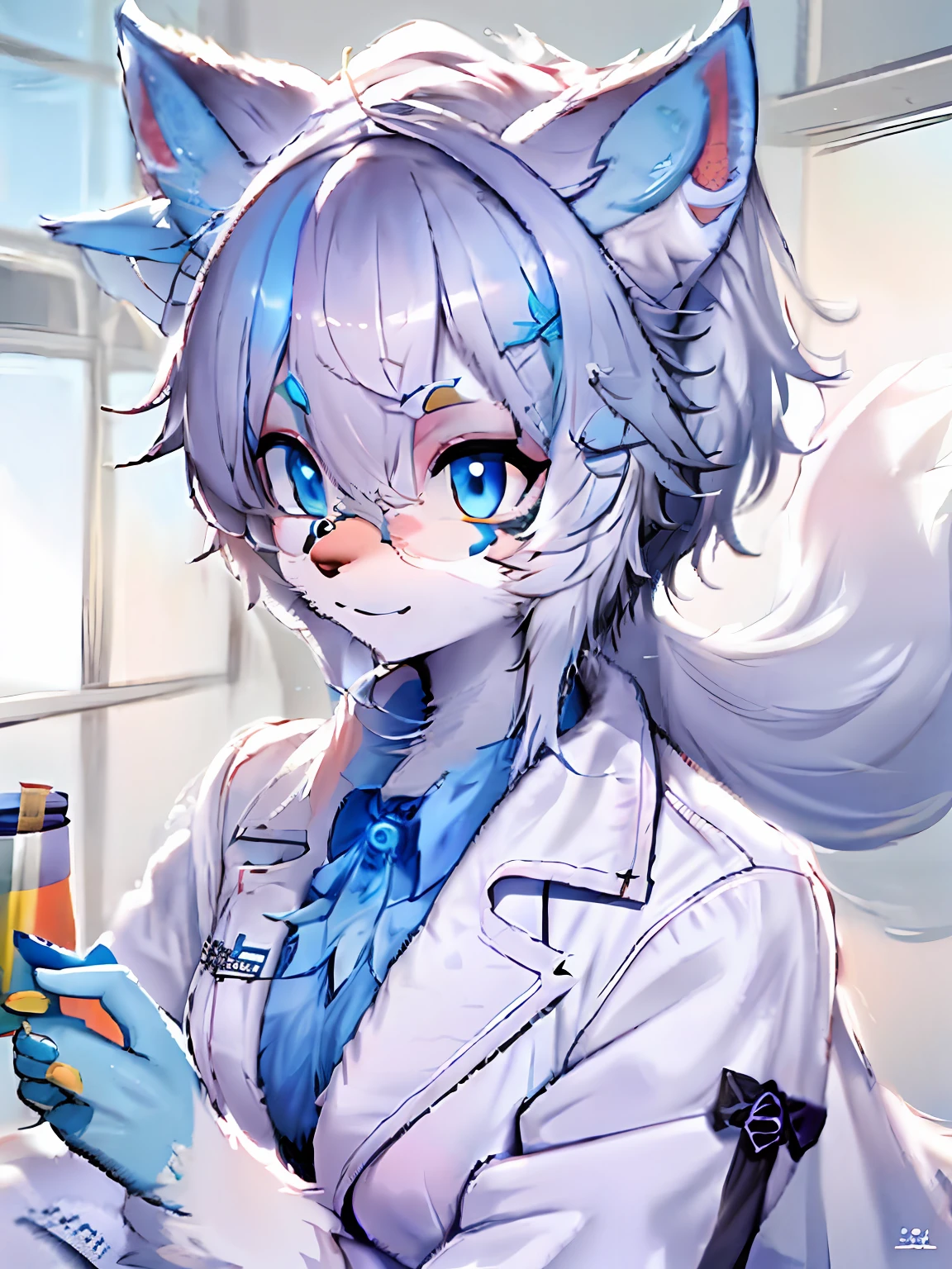 Anime characters with fox ears and white coat holding cups, stern looking fox in a lab coat, fox in a lab coat, Fox beauty in lab coat, Fox scientist, With a lab coat, furry artist, anime moe art style, female fursona, fursona art, 8K high quality detailed art, Beautiful anime fox girl