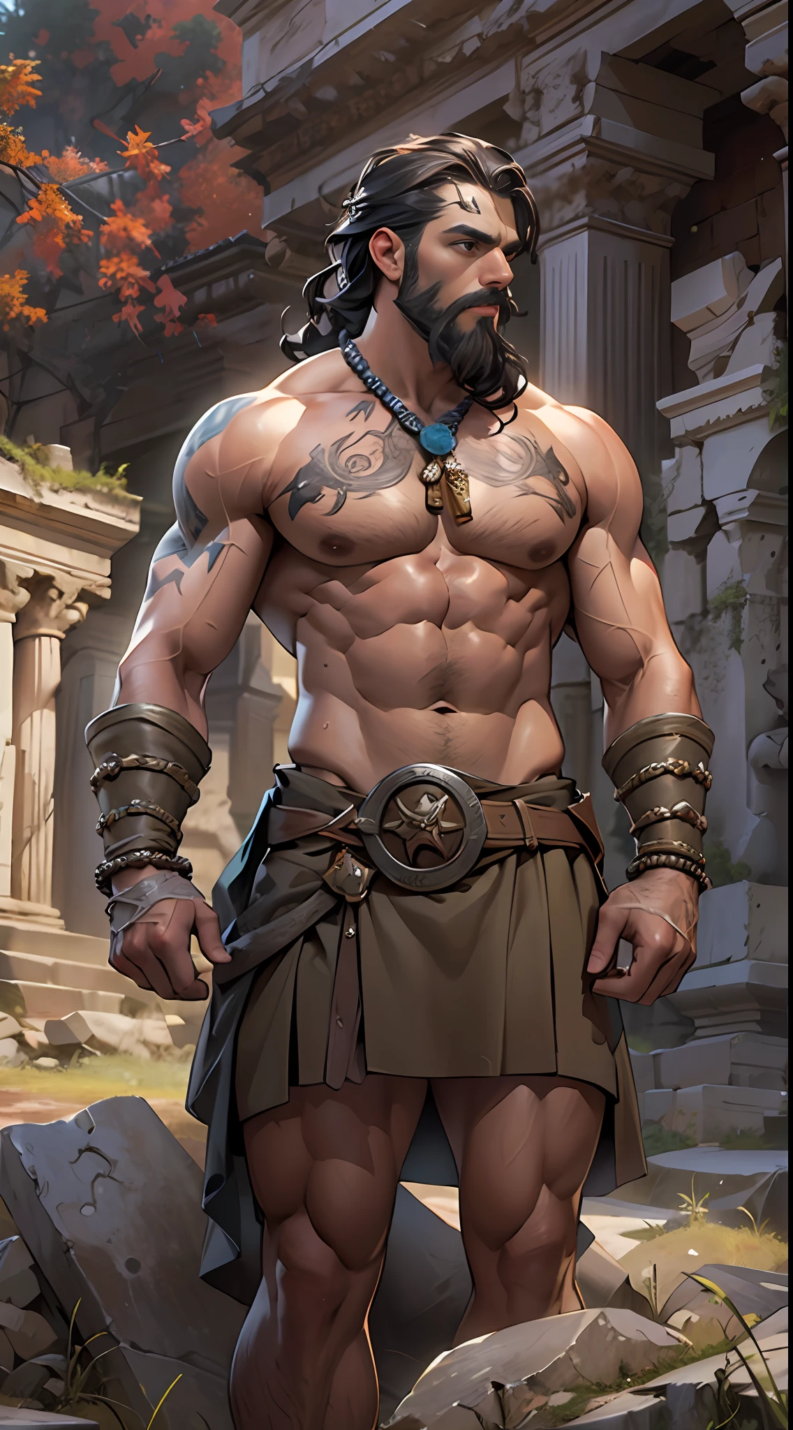 Sculpted hero, upper body uncovered, legs exposed from thighs to feet, bearded with beaded facial hair, luxuriant long curls, intricate muscularity, photorealistic portrayal, 4K resolution. Background: Epic battlefield with ancient ruins.,32k uhd, best quality, masterpiece, super detail, high details