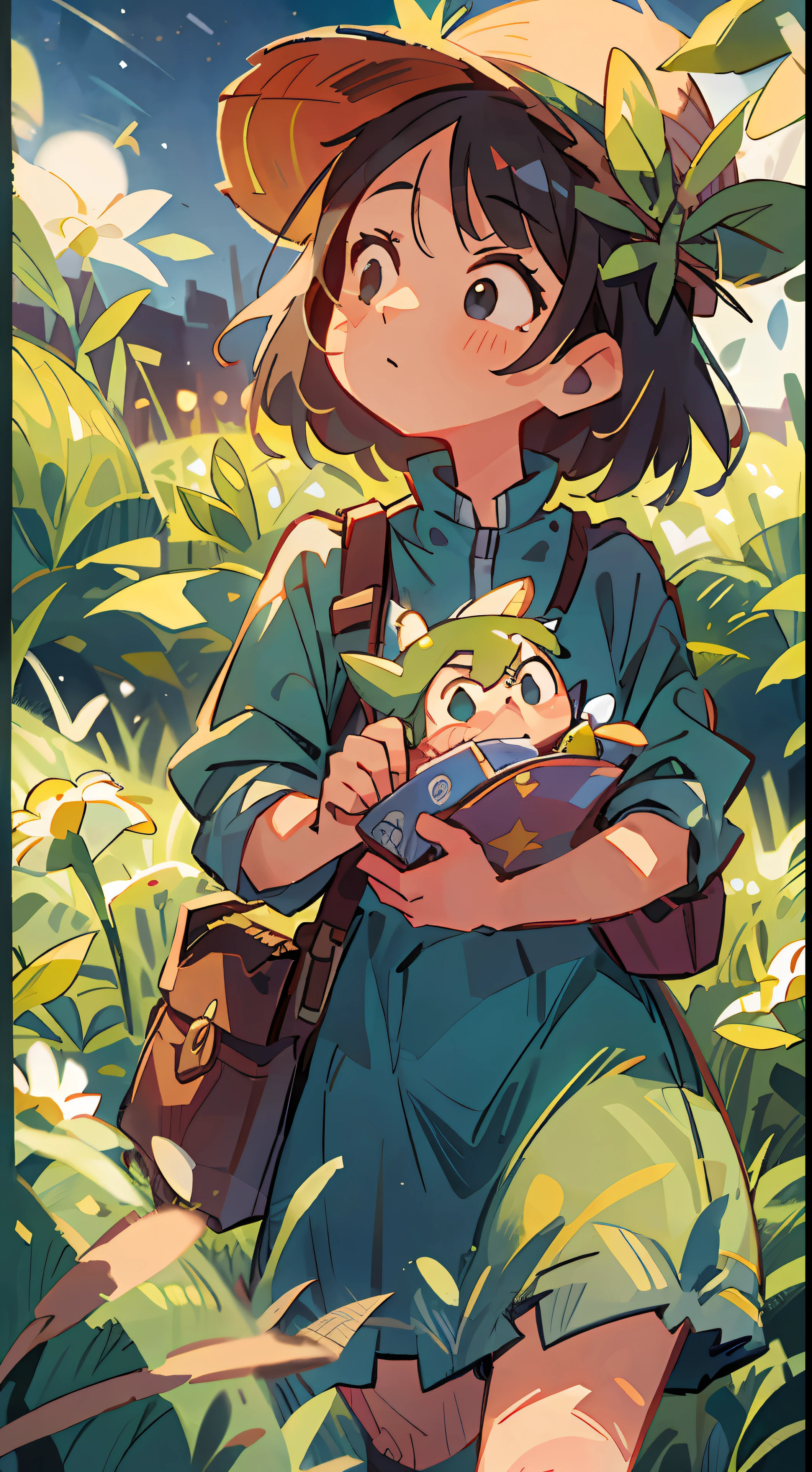 grassy fields,A girl carries a travel bag,the night,Starry