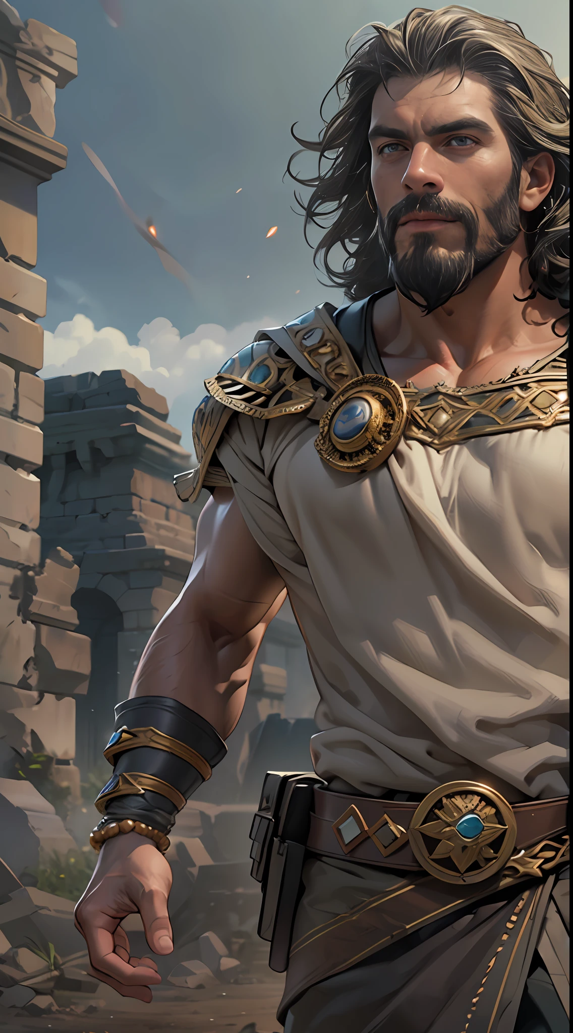 Sculpted hero, upper body uncovered, legs exposed from thighs to feet, bearded with beaded facial hair, luxuriant long curls, intricate muscularity, photorealistic portrayal, 4K resolution. Background: Epic battlefield with ancient ruins.,32k uhd, best quality, masterpiece, super detail, high details