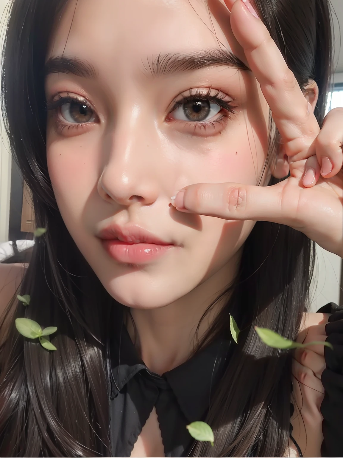 adolable ,Moe girl,Sweet,Natural,Pure,inside in room,brightly,Skin texture,Fingers look inside and out,Increases eye brightness