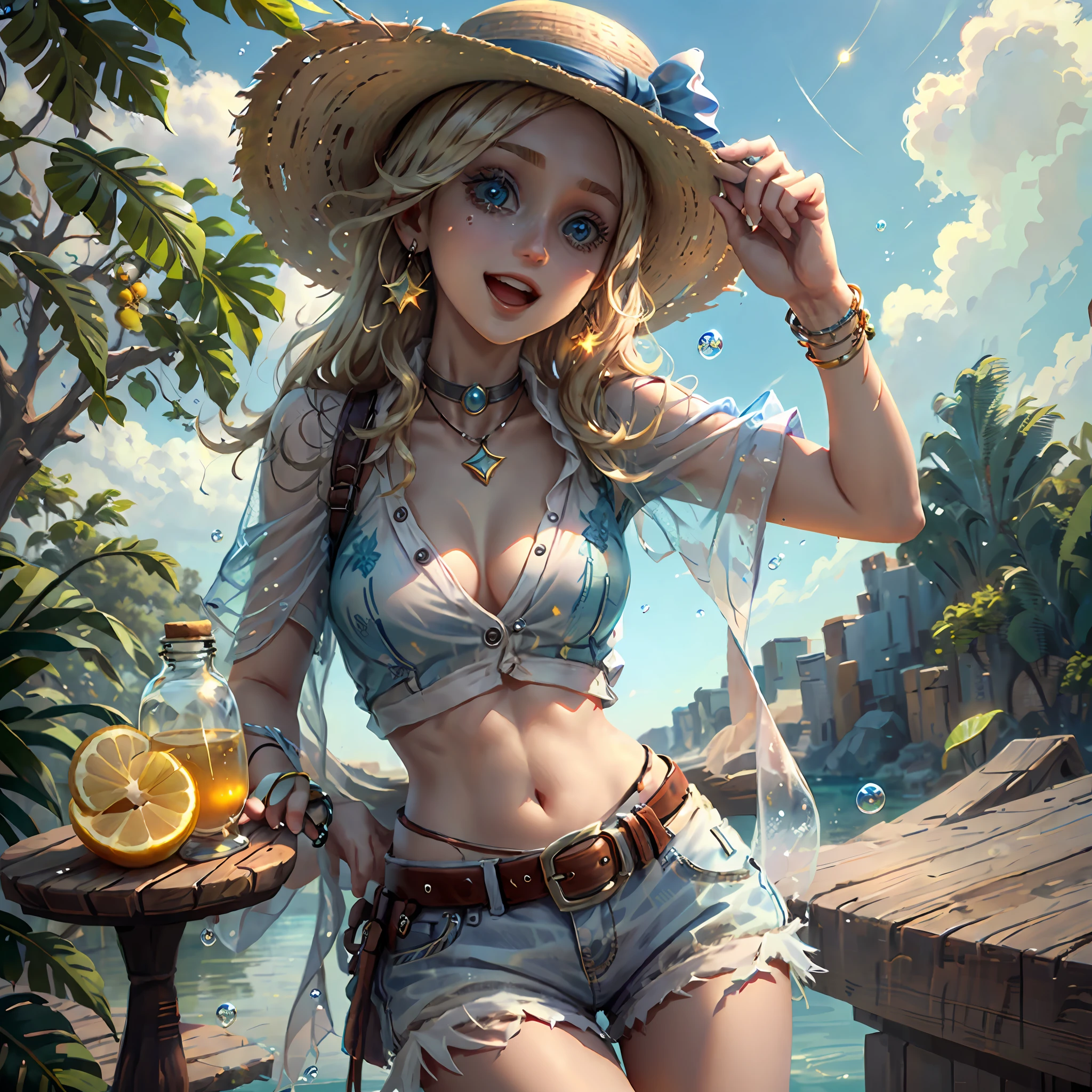 masterpiece, best quality, identity v, button eyes,
1girl, solo, hat, jewelry, navel, see-through, shorts, blonde hair, midriff, bottle, sky, belt, day, fruit, white shorts, earrings, blue sky, food, bracelet, holding, open mouth, outdoors, long hair, smile, lemon, bow, cowboy shot, white headwear, bubble, star (symbol), tree, sun hat, leaf, teeth, water drop, breasts, looking at viewer, cup, shirt, drinking glass