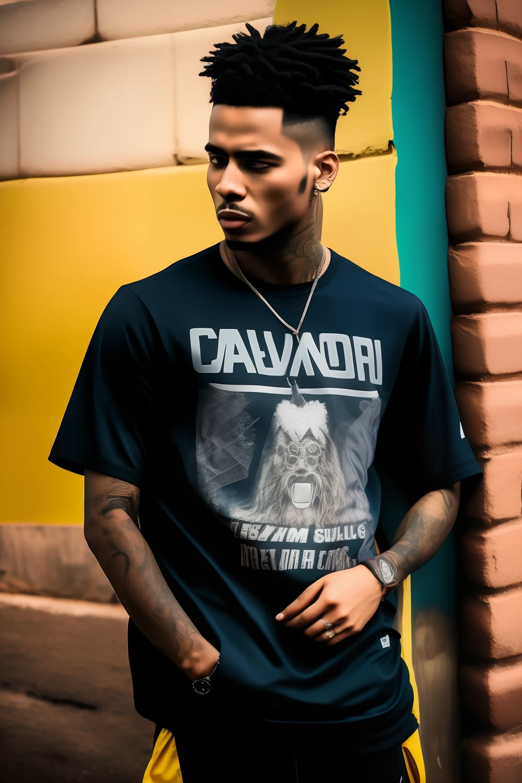 Homem, cabelo cacheado curto, cabelo azul, cabelo preto, piercing sobrancelha, roupas largas hip hop, cavanhaque