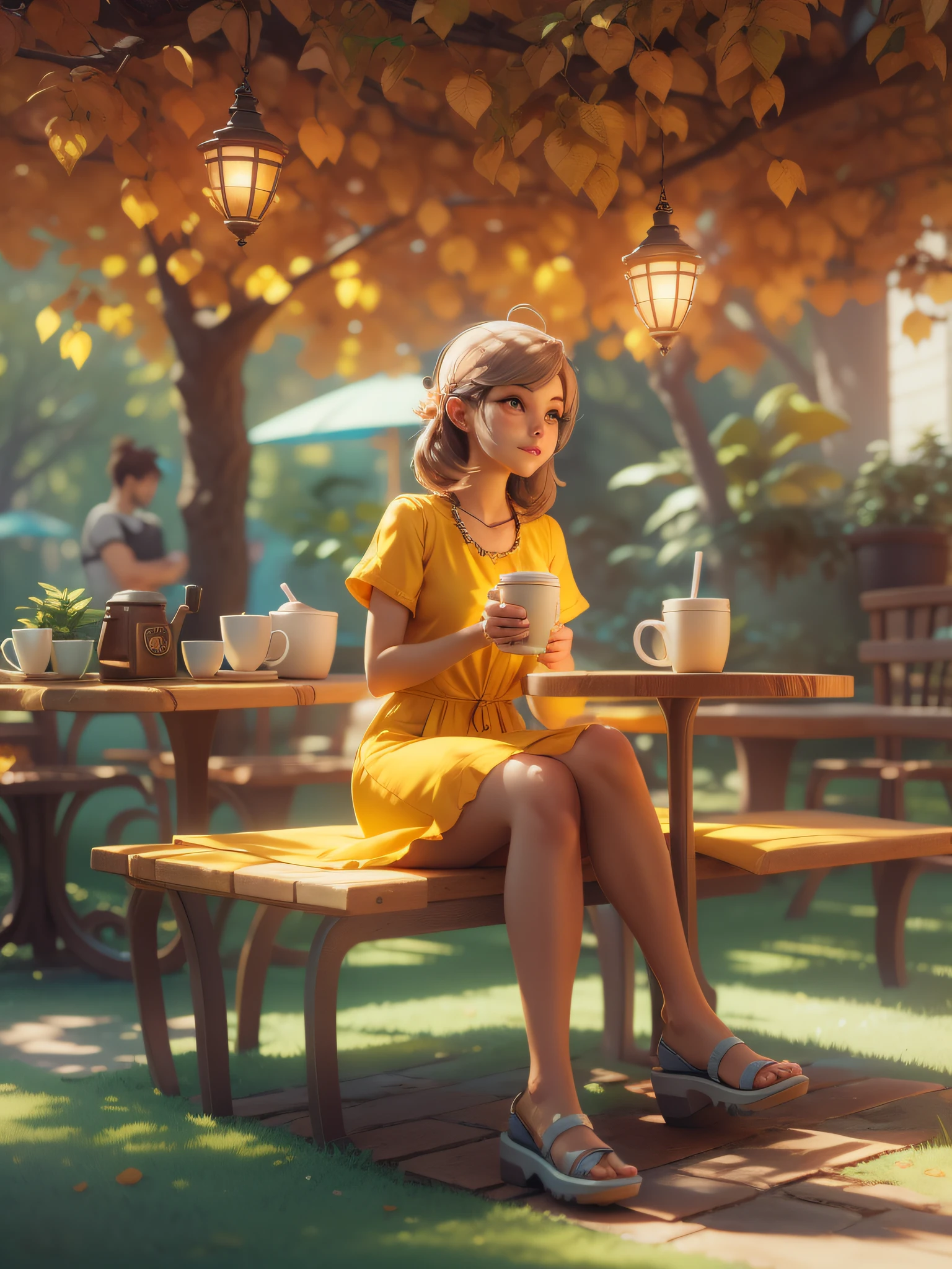Full body 3d artwork of cute girl，A cute girl in a yellow blouse sits under a big tree，（drinking a coffee），Coffee shop，Cafe，Romantic soft focus and ethereal light style，The sun shines on it，A cinematic scene，Learn 3D game art，studiolight，c4d，OC rendering，hyper HD，ultra - detailed