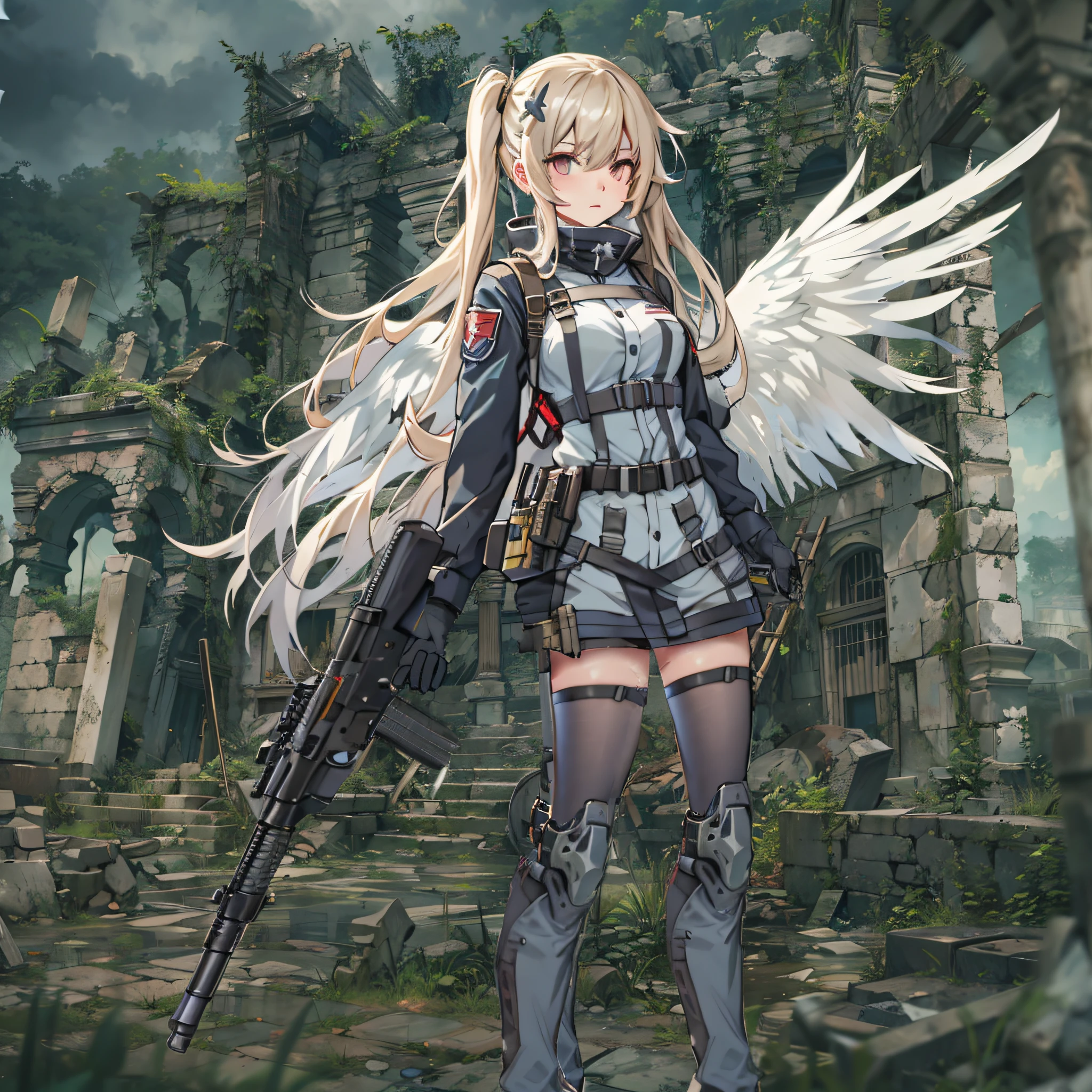Anime girl with gun and angel wings standing in front of ruins, mechanized valkyrie girl, angel knight girl, Fine details. girls' frontline, from girls frontline, M4 Sopmod II Girls Frontline, girls frontline cg, girls frontline style, girls frontline universe, high detailed official artwork, girls' frontline, cushart krenz key art feminine, Mechanized soldier girl