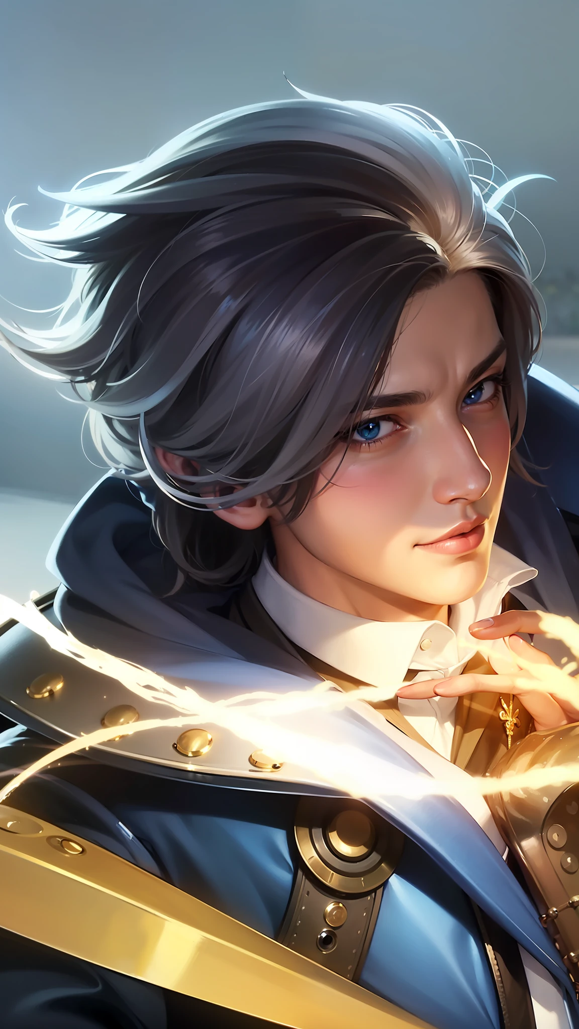masculine male, masterpiece, ((perfect eyes)) best quality, (semirealism:1.9), beautiful lighting, (extremely detailed CG unity 4k fhd wallpaper), High Detail, Sharp focus, dramatic outdoors, 1 boy ,19 years old, brown short hair, blue eyes, smile