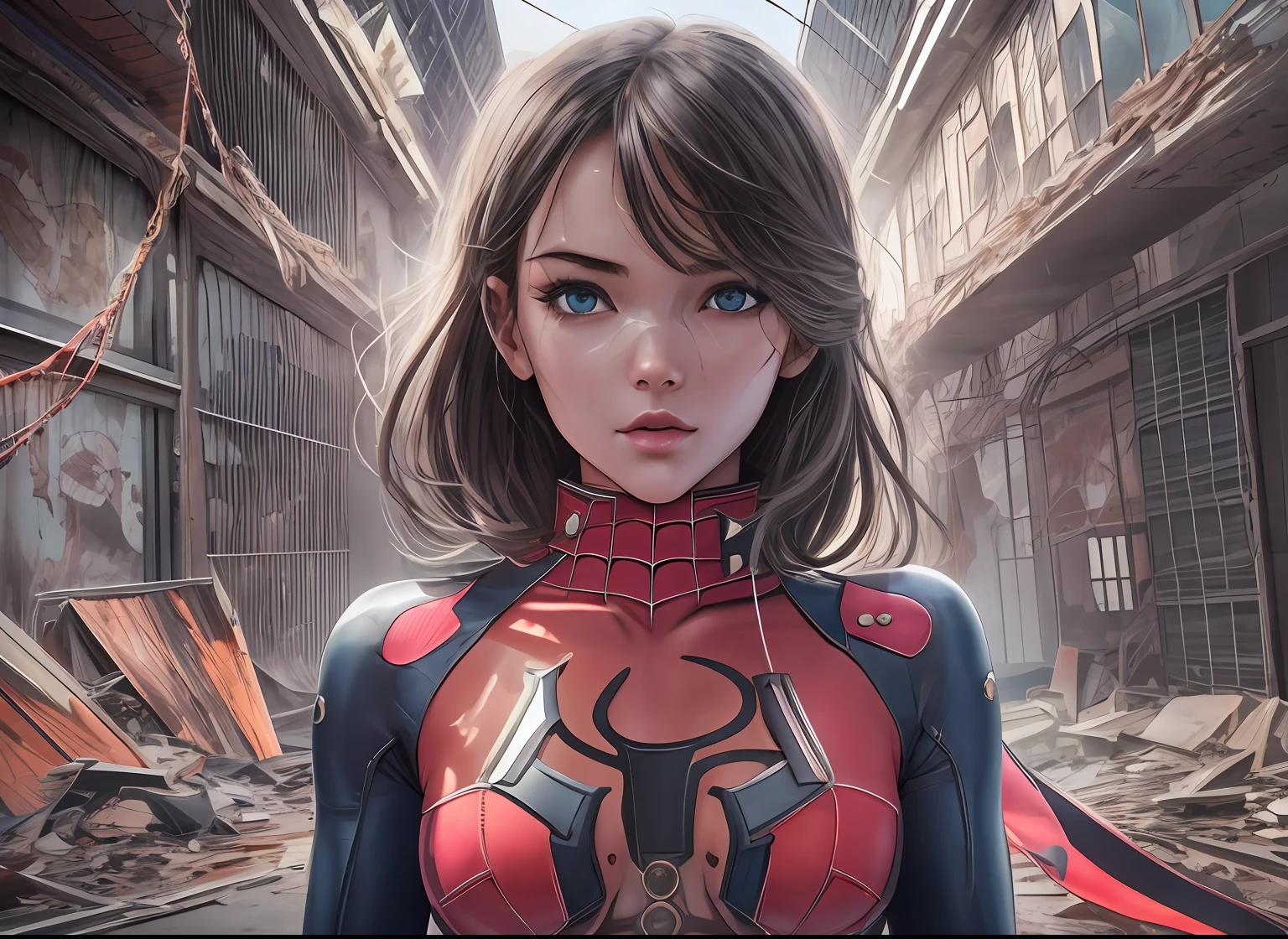 (1girl:1.3), solo, __body-parts__, official art, unified 8k wallpaper, super detailed, beautiful and aesthetic, beautiful, masterpiece, best quality, raw, masterpiece, super fine photo, best quality, super high resolution, photorealistic realism, sunlight, full body portrait, amazing beauty,, dynamic pose, delicate face, vibrant eyes, (from the front), she is wearing a Spider-man suit, red and black color scheme, spider, very detailed abandoned warehouse background, Detailed face, detailed complex busy background, messy, gorgeous, milky white, highly detailed skin, realistic skin details, visible pores, sharp focus, volumetric fog, 8k uhd, DSLR, high quality, film grain, fair skin, photo realism, lomography, huge metropolis in future dystopia, seen from below, translucent