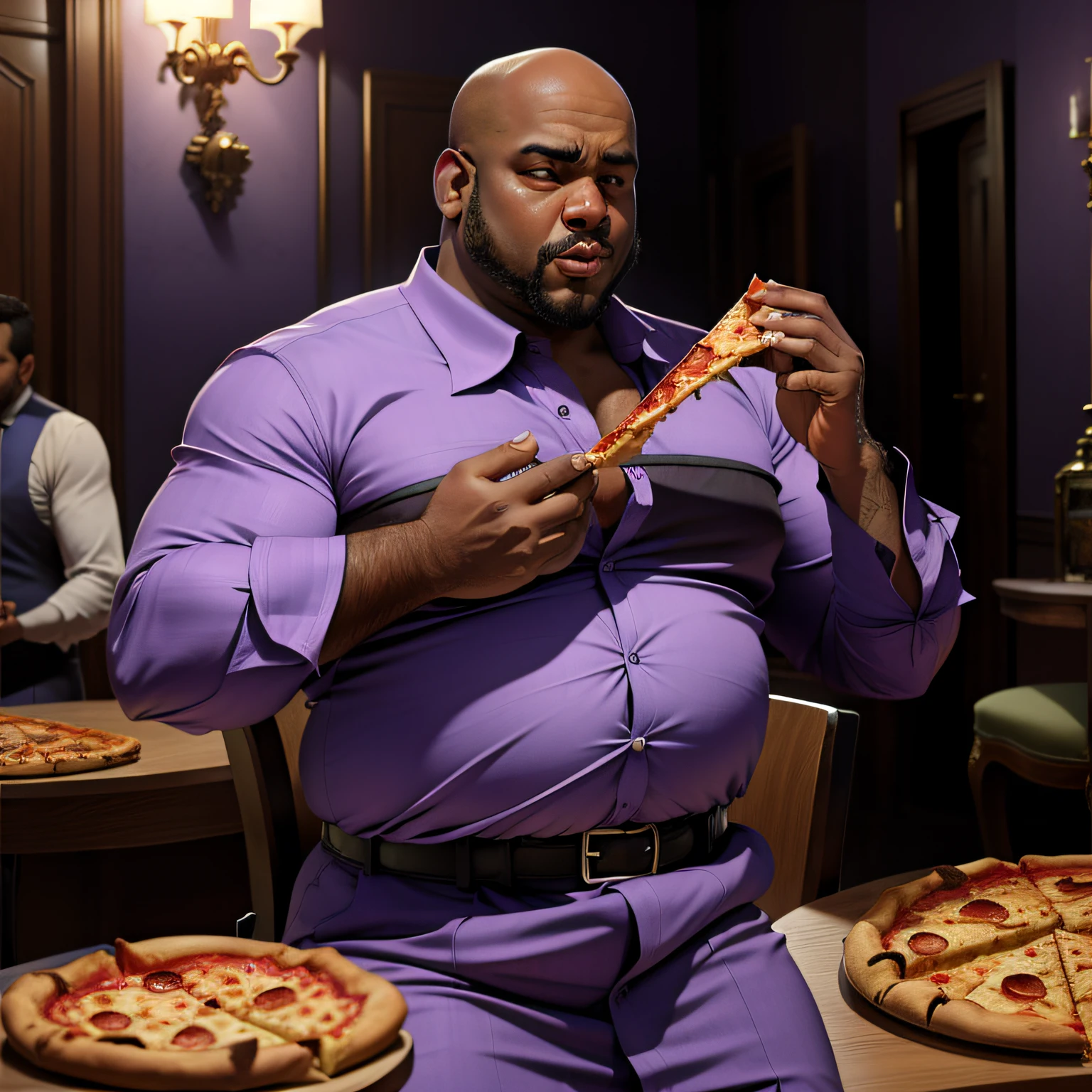 um careca, barbado, Fat black man wearing a purple dress shirt eating a pizza at the table of his high-end mansion