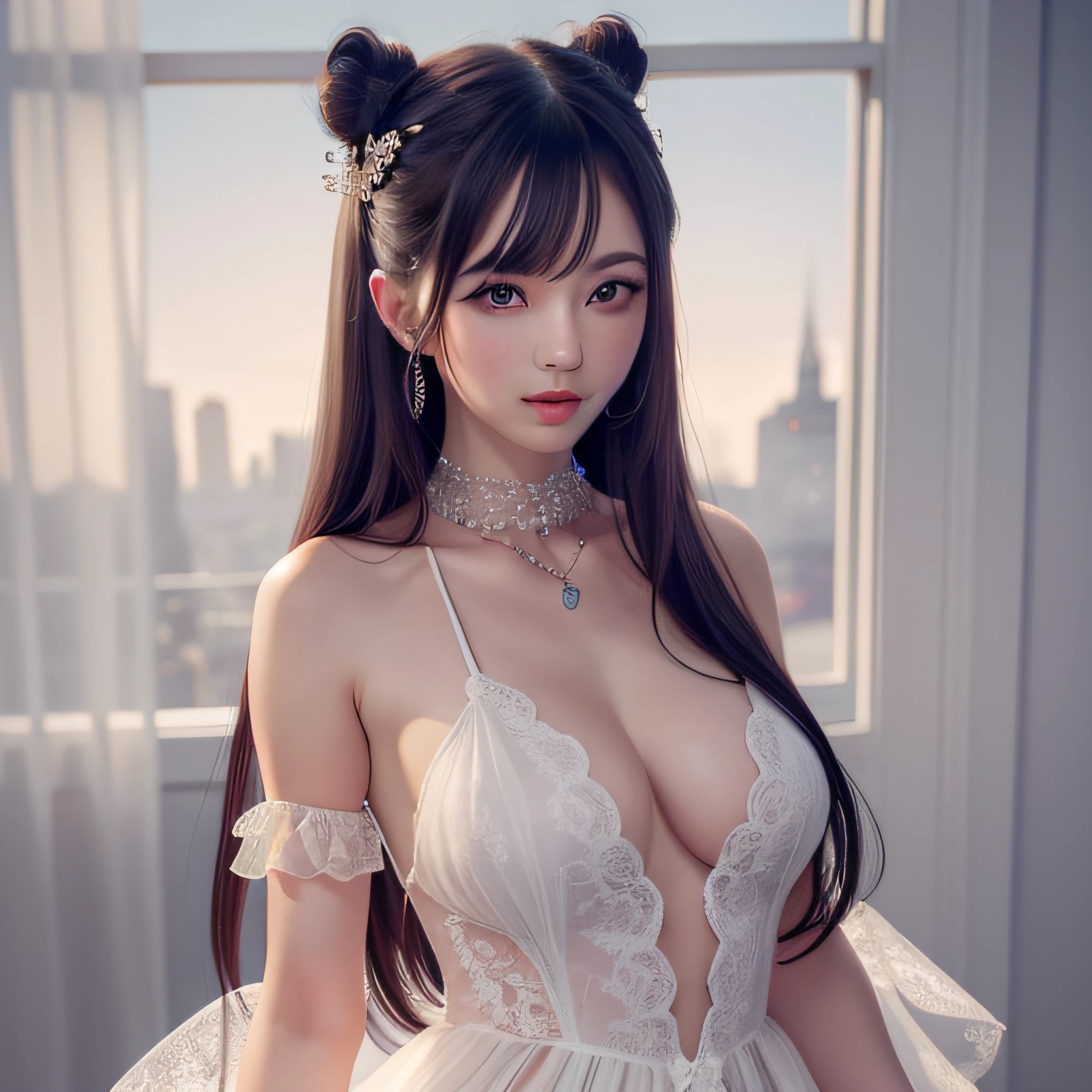 Best quality、tmasterpiece、A high resolution、1girll、Sheer silk porcelain dress、Nice face、hair adornments、looking at viewert、laughingly、Shut your mouth slightly、cparted lips、shift dresses、hair adornments、choker necklace、jewely、long whitr hair、耳Nipple Ring、pretty  face、On the body、Tindal effect、hentail realism、Shadow Studio、edge lit、bicolor lighting、（highdetailskin：1.2）、8K  UHD、Digital SLR、softlighting、high high quality，Volumetriclighting，photore，High resolution 4K，8K，Colorful wallpaper with background