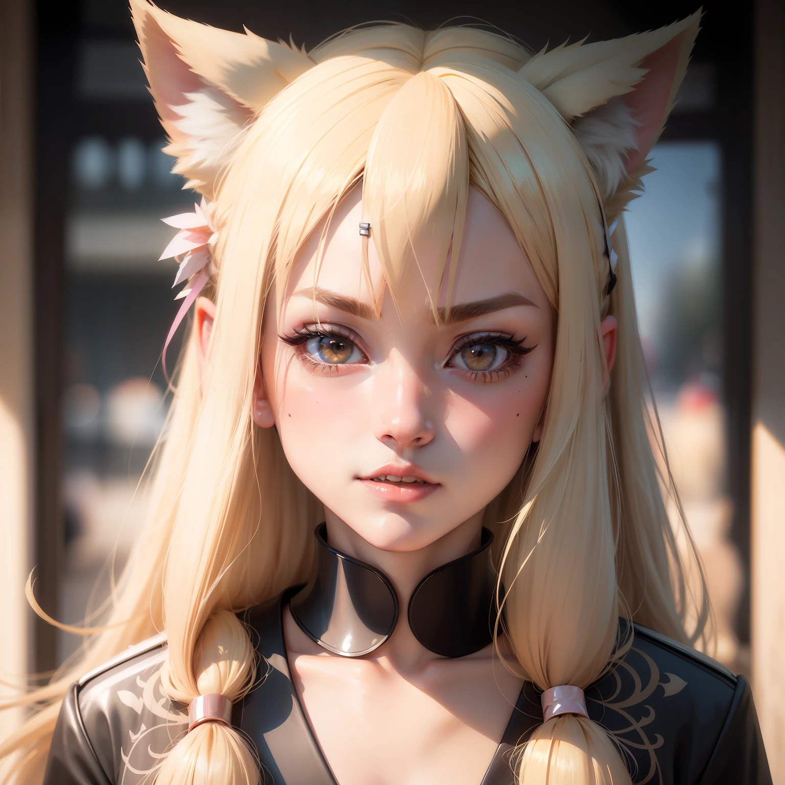 fake animal ears, ear blush, fang, blonde hair, hairpin, mole under eye, Surrealism, drop shadow, anaglyph, stereogram, tachi-e, pov, atmospheric perspective, Futurism, En plein air, 8k, super detail, ccurate, best quality,Have temperament,