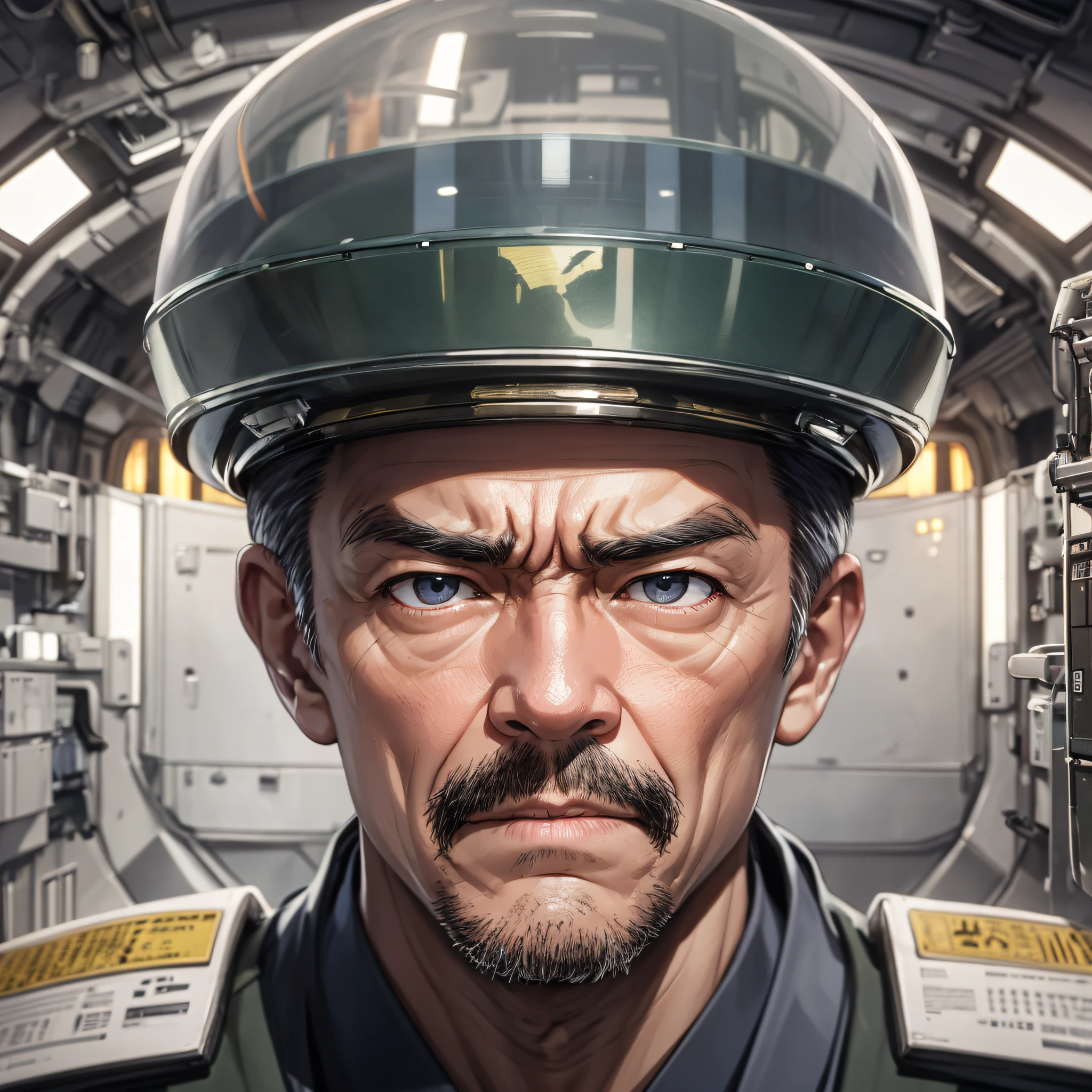 Ridiculous resolution,A high resolution,(tmasterpiece:1.4),Hyper-detailing,Inside the nuclear submarine,Japanese middle-aged male commander,serious expressions