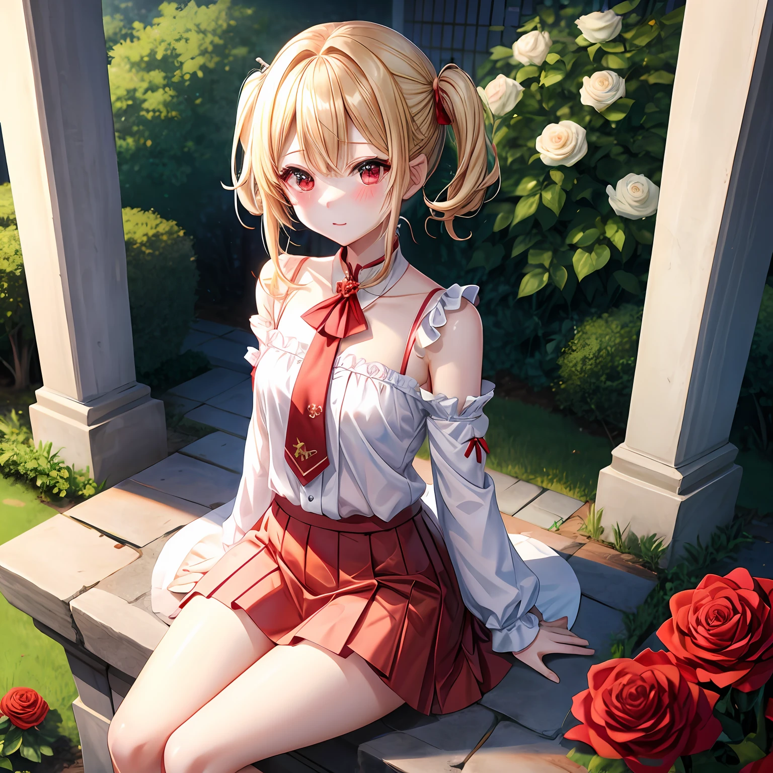 a blond、red eyes、one girls、独奏、kawaii、animesque、red blush、sitting on、rose garden、Very short miniskirt