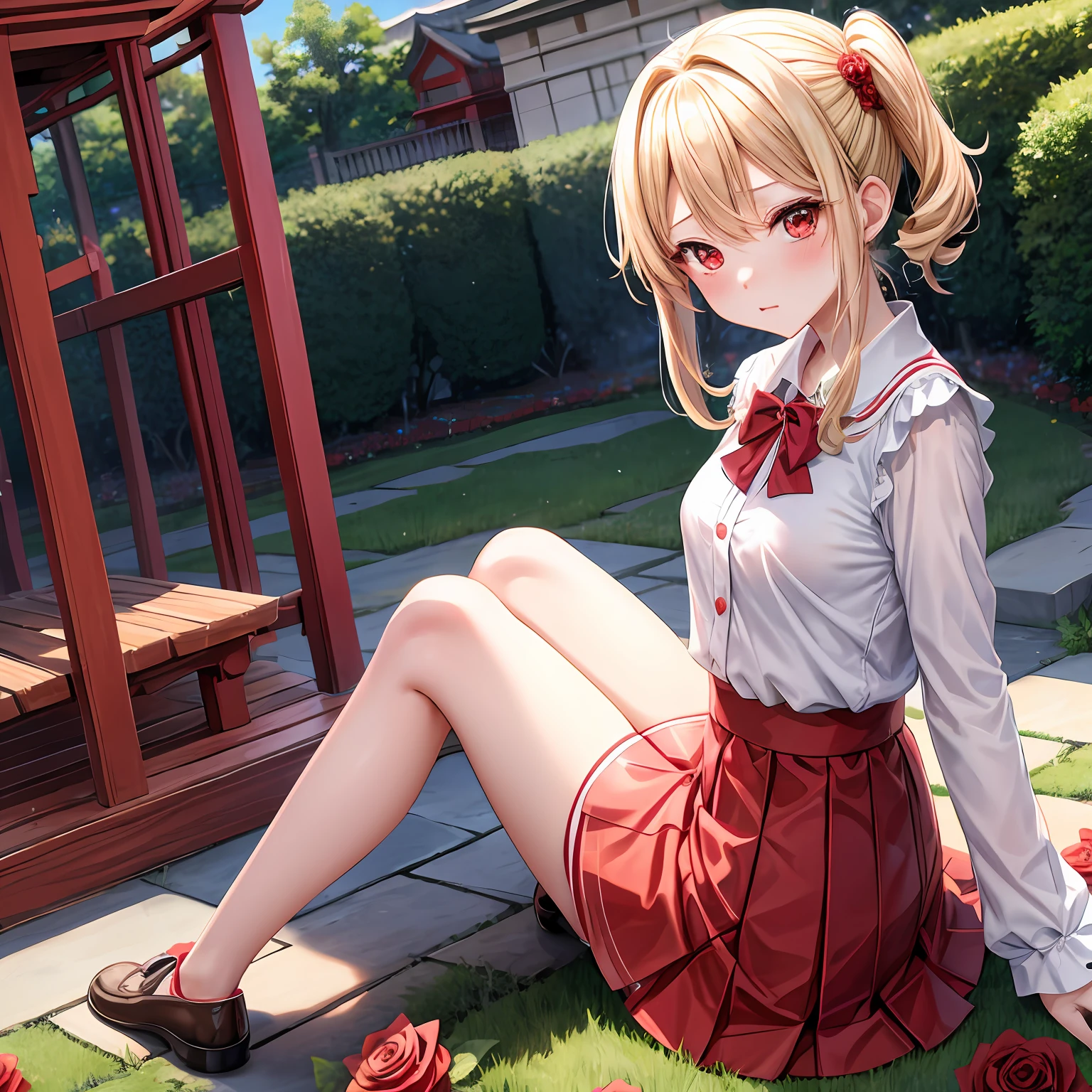 a blond、red eyes、one girls、独奏、kawaii、animesque、red blush、sitting on、rose garden、Very short miniskirt