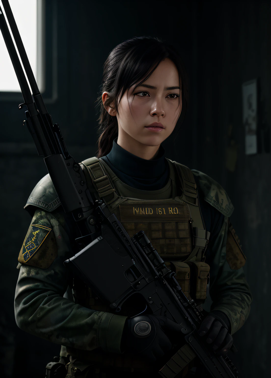 (realisticlying)++, beautiful light up, tmasterpiece++, Best quality at best++, realisticlying, full-body portraits, Real picture, Complicated details, depth of fields, 1girl, A very heroic and sassy Chinese soldier girl, Black eyes, black hair, holding a rifle, Dark green camouflage military uniform,With an assault rifle M416,s the perfect face,The eyes are tough and powerful,A little hurt,Fujifilm XT3,Ed Blinkey,Professional majestic photographs of Atey Hailan,by Ghibli Studio,Jeremy Mann,Greg Manchess,Antonio Moro,Trends on Artstation,Trends on CGSociety,复杂,high detal,sharp,dramatics,The realistic painting art of Midjourney and Greg Ruttkowski,RAW photos,8k uhd,filmgrain