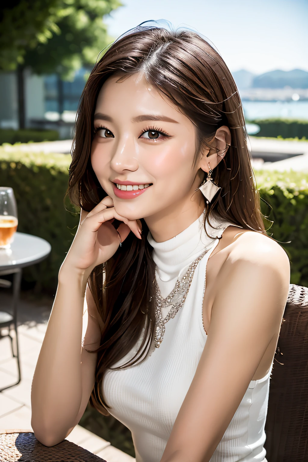 first-person-view, (Masterpiece:1.3), (Maximum resolution:1.4), (Ultra HDTV:1.2), Ultra HDTV, (Detailed eyes and skin), (Detailed facial features), HDR, 8k resolution, Sharp Focus:1.2, Perfect style, beautiful face, highly detailed face and skin texture, detailed eyes, double eyelids, thin eyebrows, glitter eyeliner:1.2, pale cheeks, glossy skin, fair skin:1.2, shiny little neckless and crystal earrings,, glossy lips:1.2,
BREAK,
((Upper body shot:1.2)), (wearing a sleeveless high-neck halter-neck white dress:1.2)), (high-neck halter-neck), (white:1.2), (sexy clavicle), ((Innocent and cute girl:1.3)), (Layered Hairstyle, Dark-brown hair), medium long hair, (very provocative smile:1.2), medium large breasts,
BREAK,
(Sitting on the terrace chair:1.2), ((gently lifted her chin.:1.3)), In the outdoor stylish cafe, from a little above,