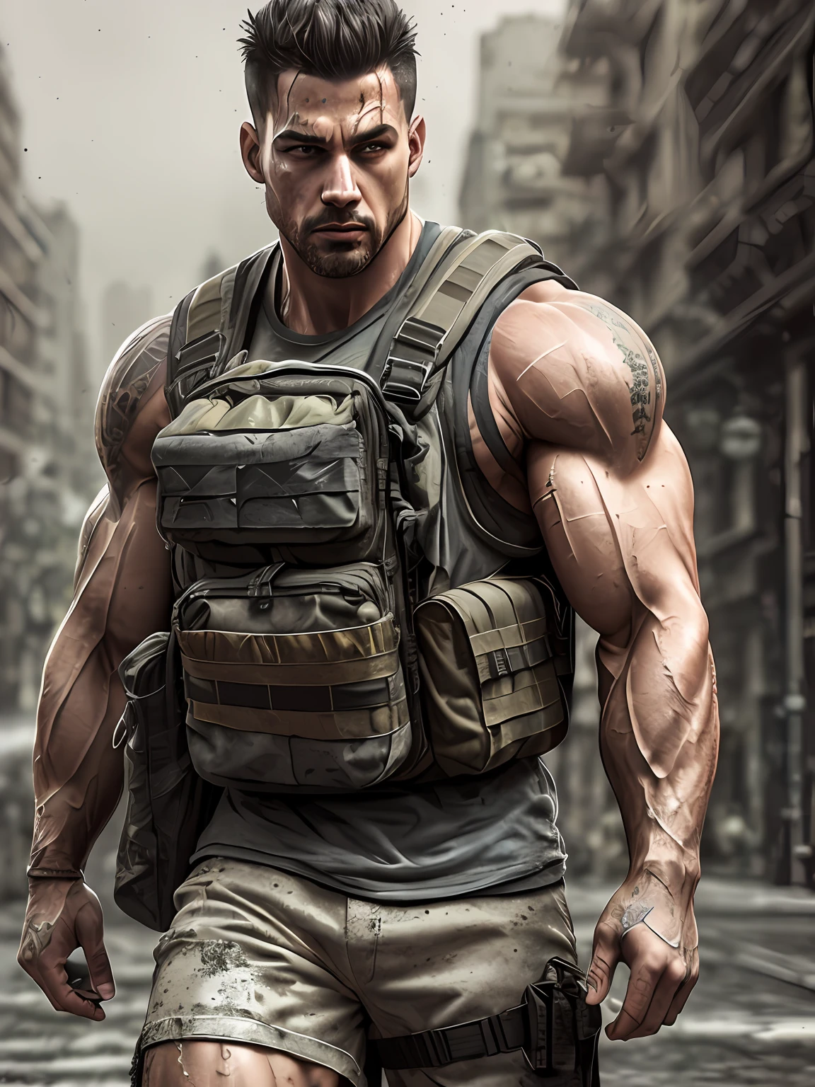 strong muscular man, street angry, backpack, epic realistic, photo, faded, complex stuff around, intricate background, soaking wet, neutral colors, ((((hdr)))), ((((muted colors)))), intricate scene, artstation, intricate details, vignette