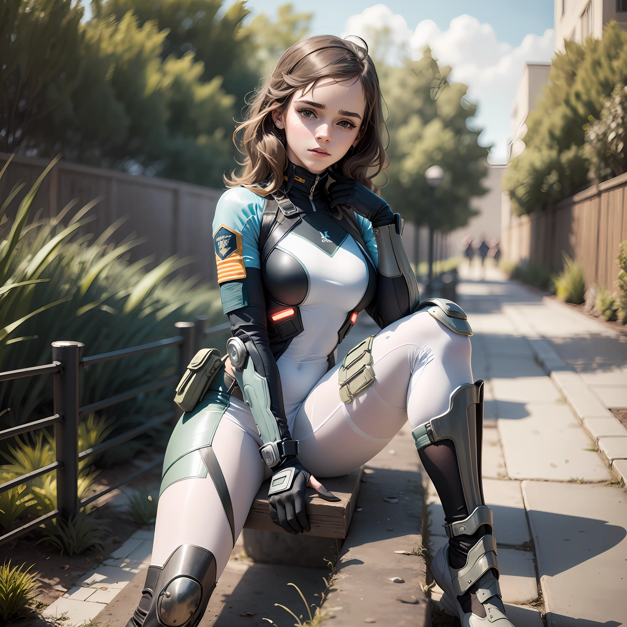 emma watson as a futuristic soldier girl sitting on a fence in the patio. her vibrant and youthful features create a striking juxtaposition of ethereal beauty. skintight sci-fi uniform with futuristic features.