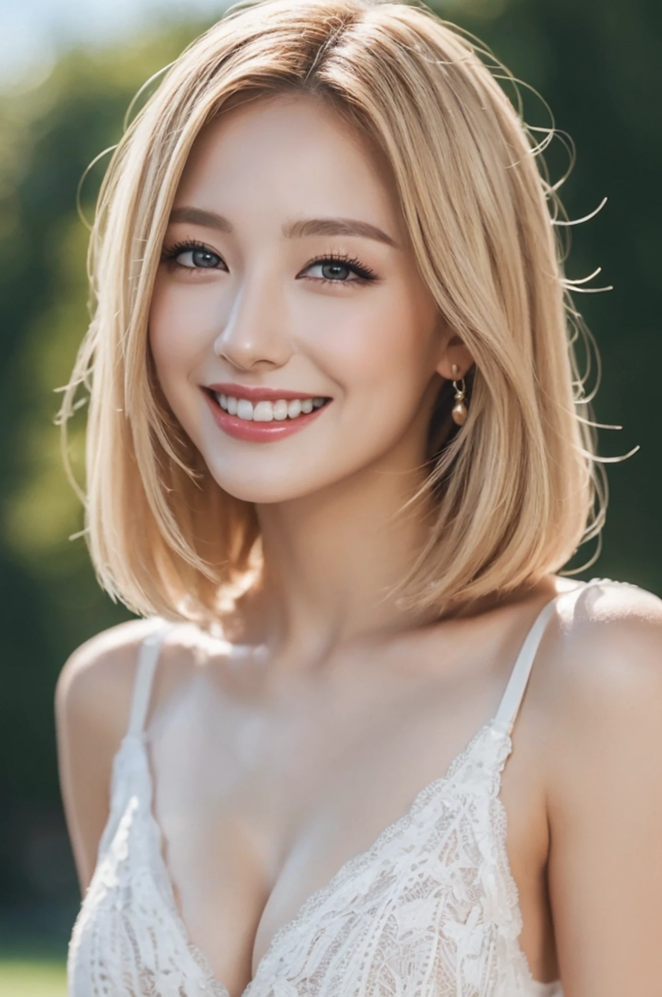 (top-quality、8K、masterpiece)、1 girl in、beautfull Japanease woman、Beautiful Women in Perfect Style:1.4、finerly detailed face、a blond、makeup、Underwear、A smile、shorth hair、Sexy dresses