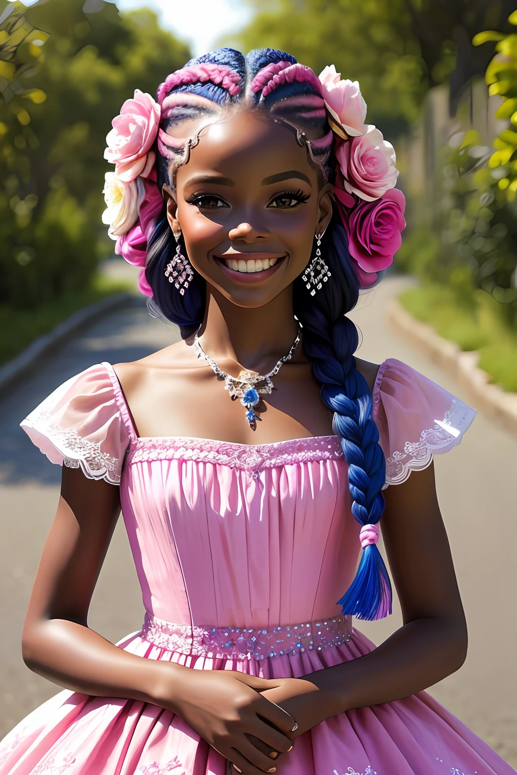 (64k, foto RAW, melhor qualidade, obra-prima: 1.2), ultra-detalhado, arte formal, fotorrealismo: 1.37, foto na parte superior do corpo, mulher ((AFRICANA ),beleza, BARBIE,smiling and he smiles, pose sentada em uma bicicleta Pink,azul),num vestido Pink lindo florido )Pink),azul e Rosa de alfaiataria brilhante,repleta de flores rosa)muitas flor)es coloridas),hair with braids ,,detalhes,rosa