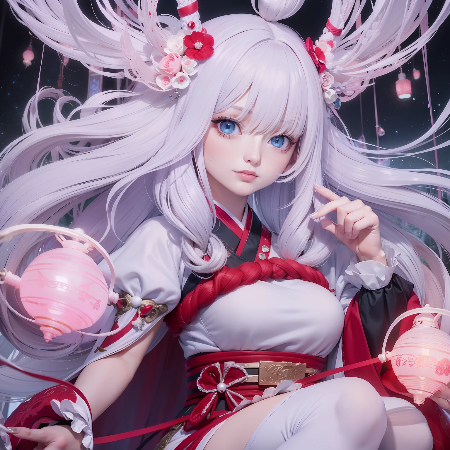 tmasterpiece,Need,ultra HD picture quality,The ends transition from silvery-white to light pink jellyfish hair style,Bright blue eyes,Wearing a Japanese-style red and white witch costume,Pair it with red rope